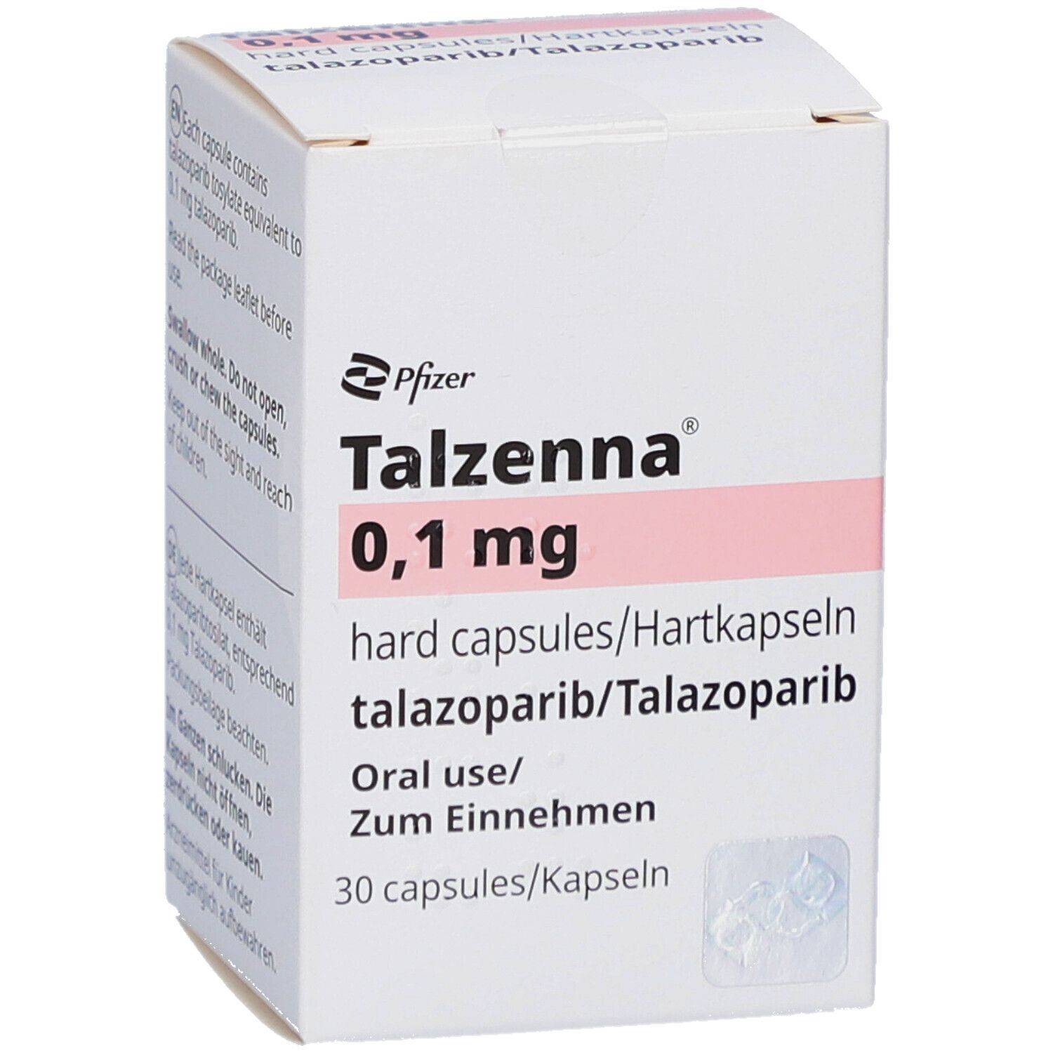 Weiße Faltschachtel mit rosa Streifen. Aufdruck: Talzenna 0,1 mg Hartkapseln, 30 Kapseln. Pfizer-Logo.