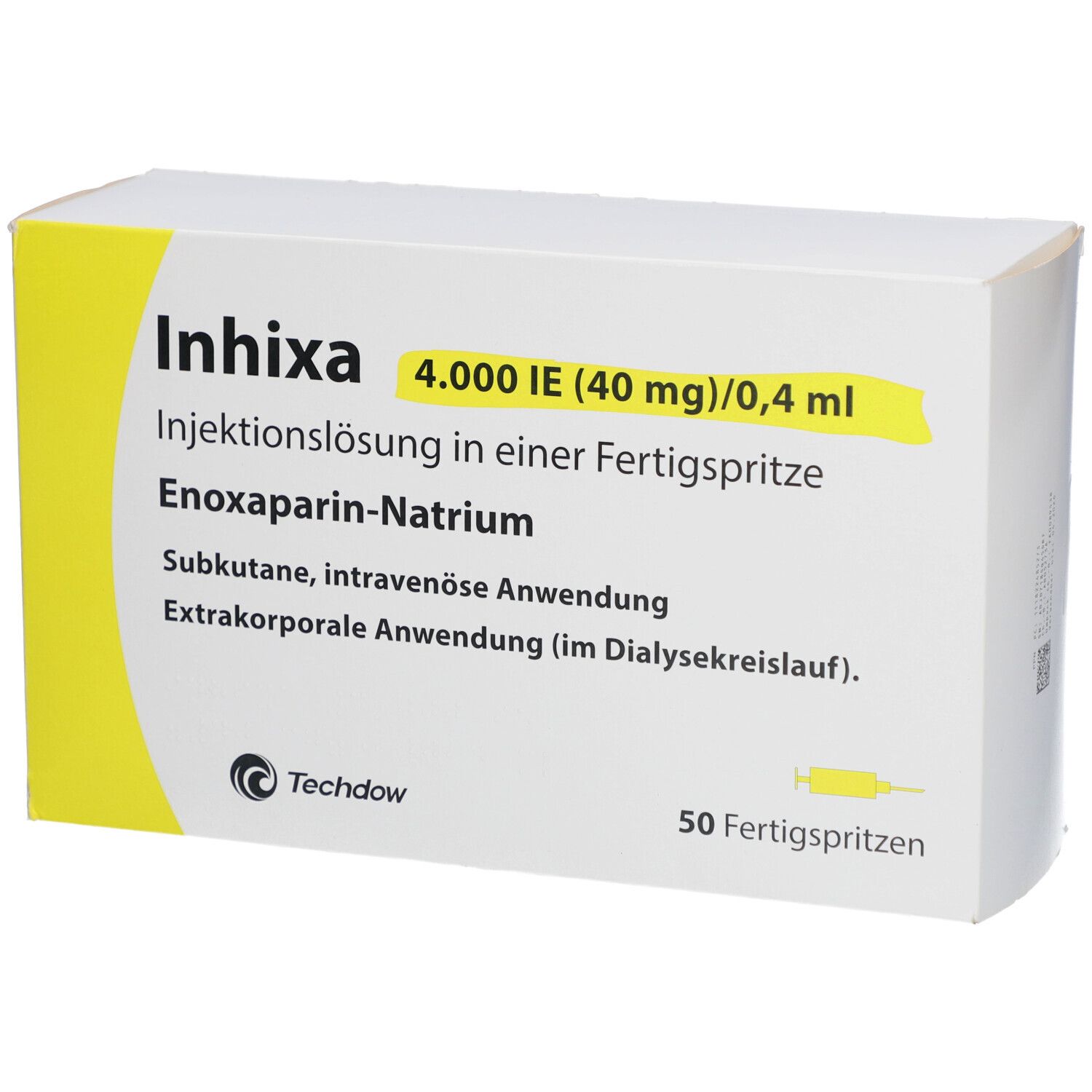 Weiße Schachtel mit gelben Akzenten. Aufschrift: Inhixa 4.000 IE (40 mg)/0,4 ml. 50 Fertigspritzen. Techdow Logo.