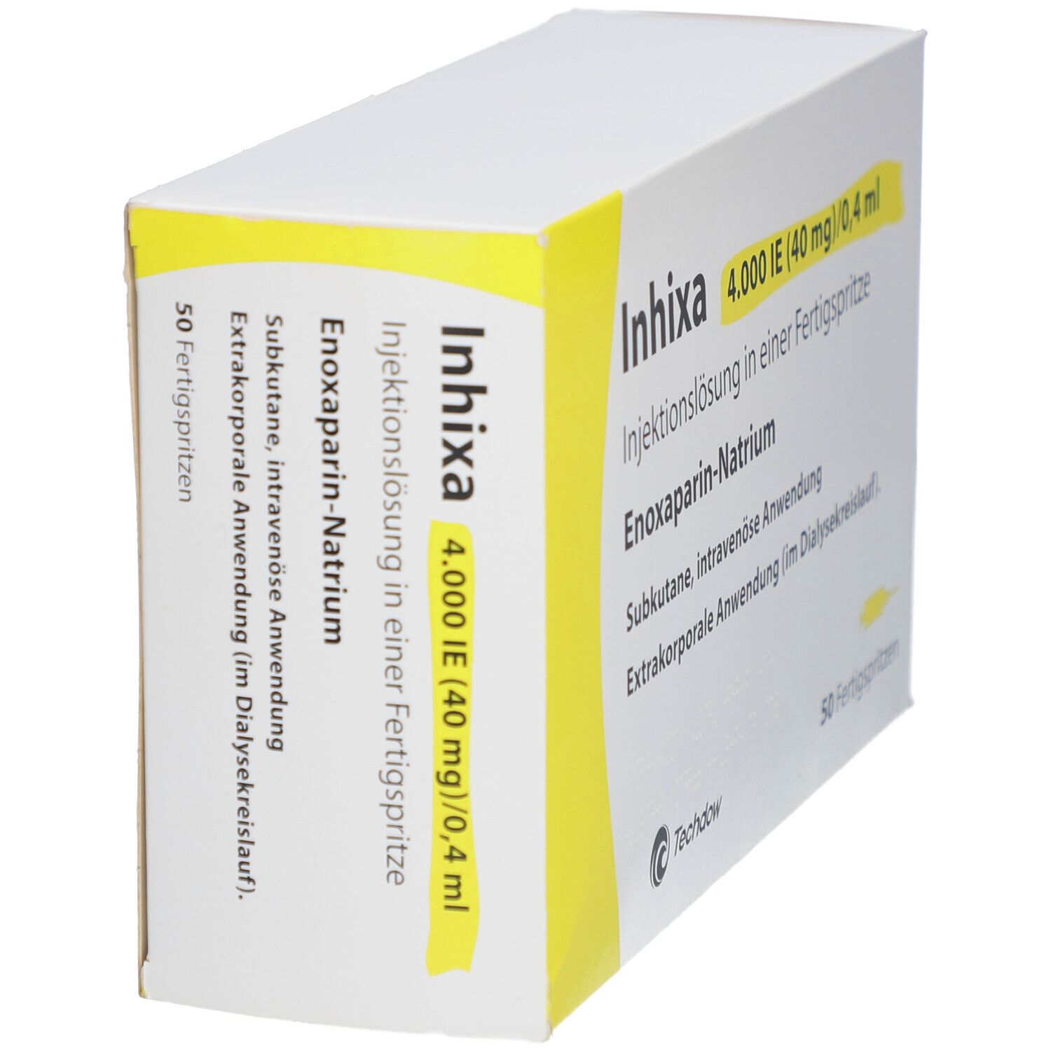 Schachtel, weiß mit gelben Akzenten. Aufschrift: Inhixa 4.000 IE (40 mg)/0,4 ml. 50 Fertigspritzen. Techdow Logo.