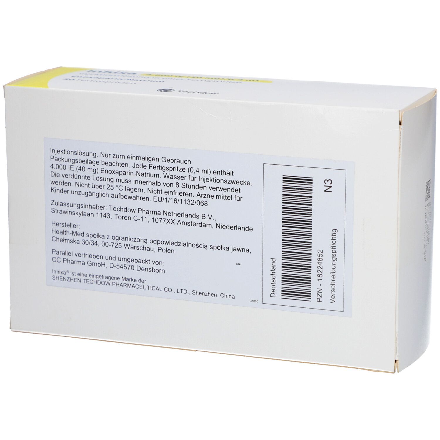 Rückseite einer weißen Schachtel. Textinformationen und Barcode. Aufschrift: Inhixa. Hersteller- und Vertriebsinformationen.