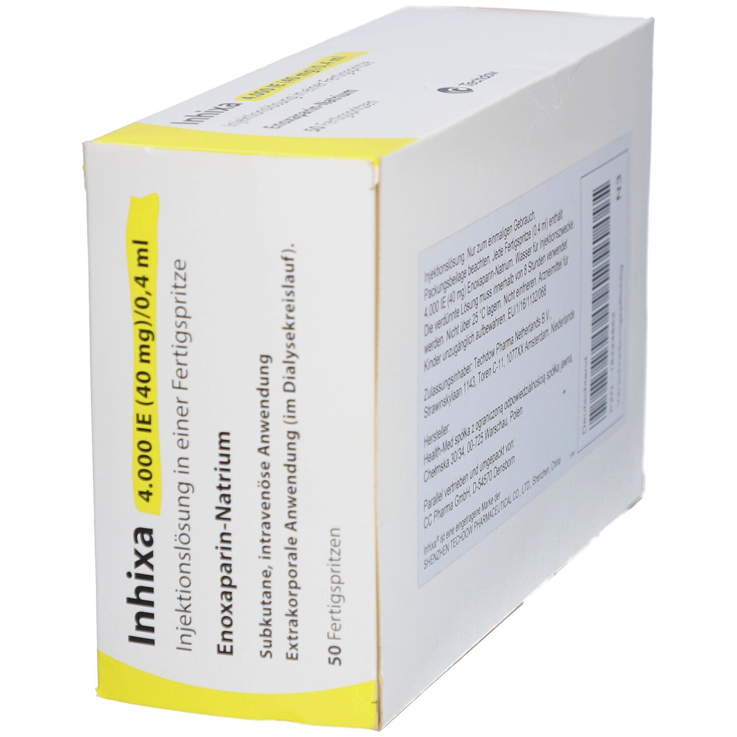 Weiße Schachtel mit gelben Akzenten. Aufschrift: Inhixa 4.000 IE (40 mg)/0,4 ml. 50 Fertigspritzen. Text und Logo.