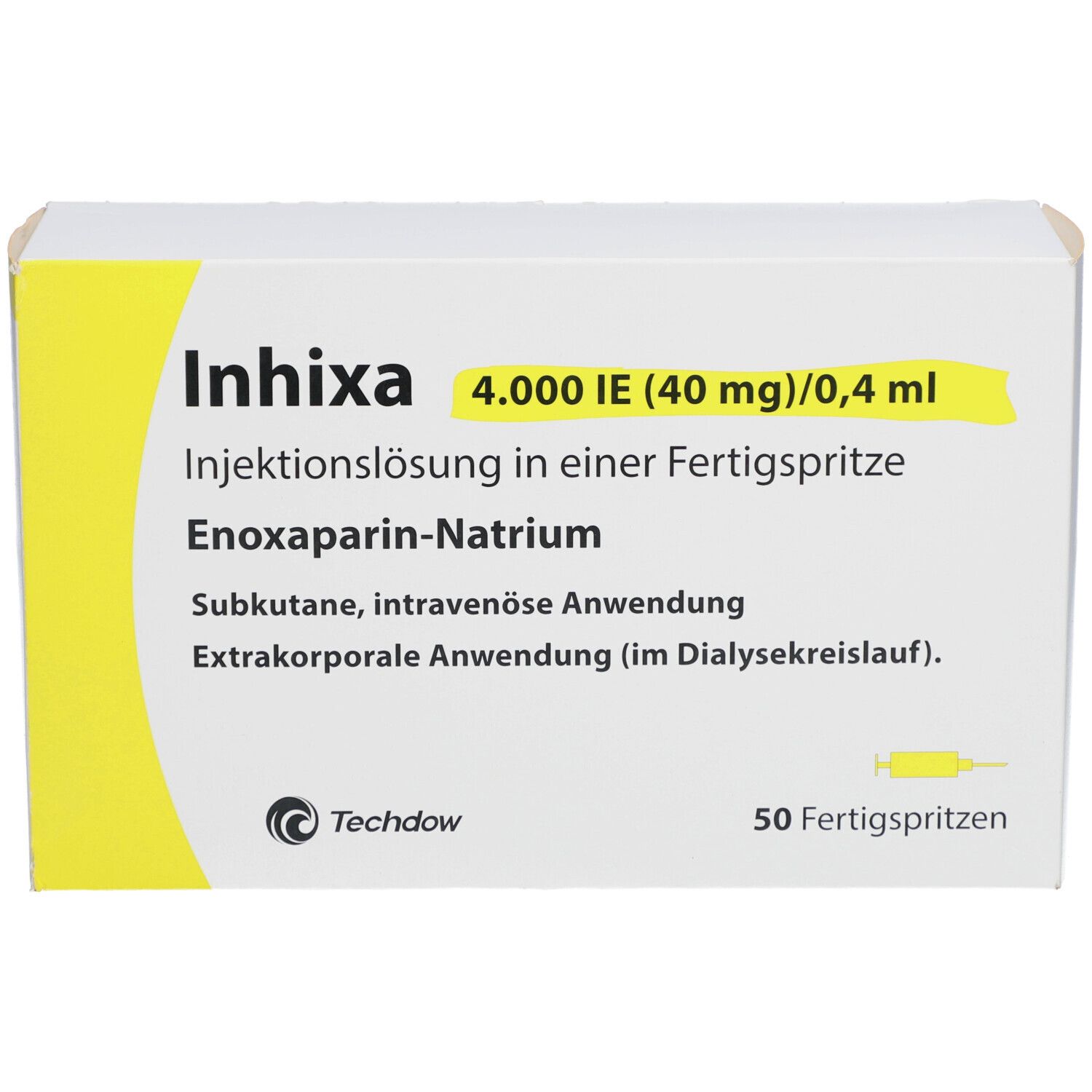 Weiße Schachtel mit gelben Akzenten. Aufschrift: Inhixa 4.000 IE (40 mg)/0,4 ml. 50 Fertigspritzen. Techdow Logo.