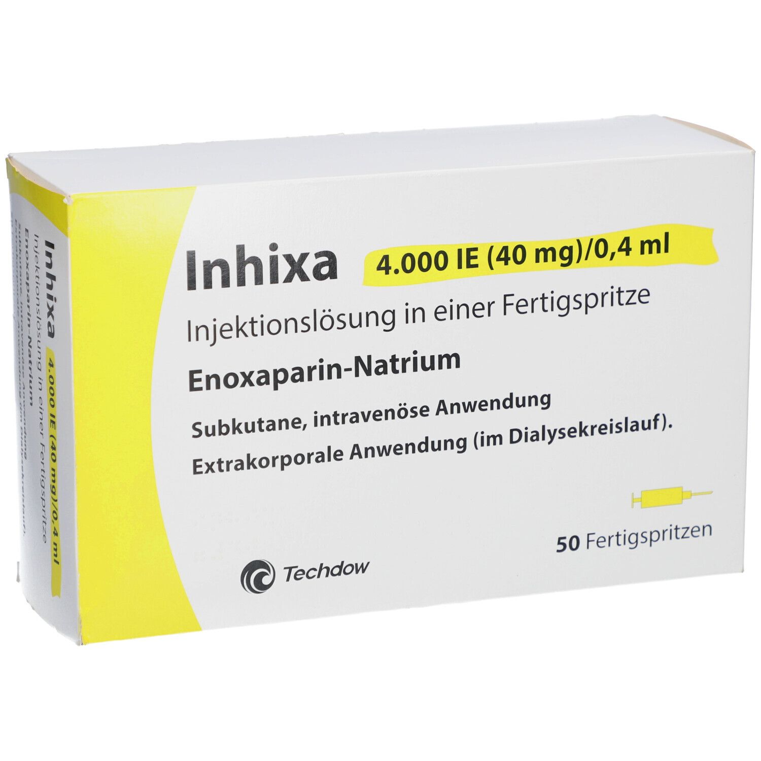 Weiße Schachtel mit gelben Akzenten. Aufschrift: Inhixa 4.000 IE (40 mg)/0,4 ml. 50 Fertigspritzen. Text und Logo.