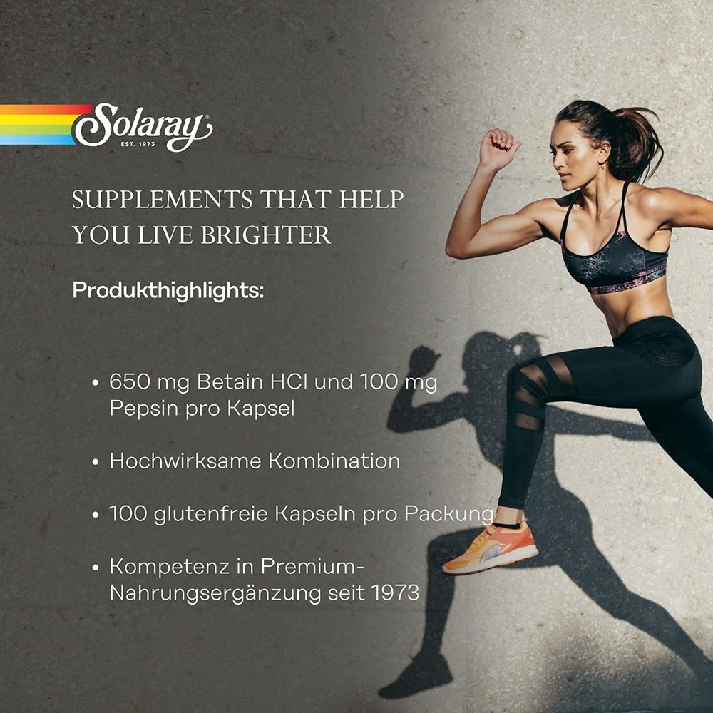 Solaray Nahrungsergänzungsmittel: 650 mg Betain HCl, 100 mg Pepsin, 100 Kapseln.