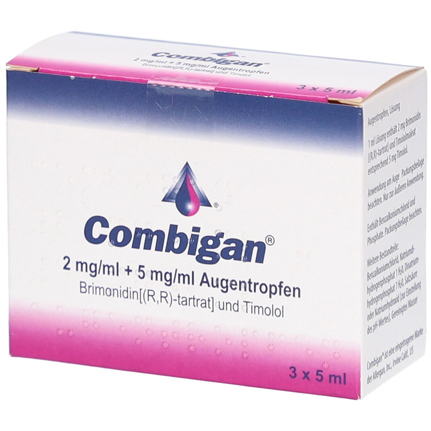 Karton mit COMBIGAN Augentropfen. Aufschrift: 2 mg/ml + 5 mg/ml Augentropfen. 3 x 5 ml. Rosa, weiß und blau.