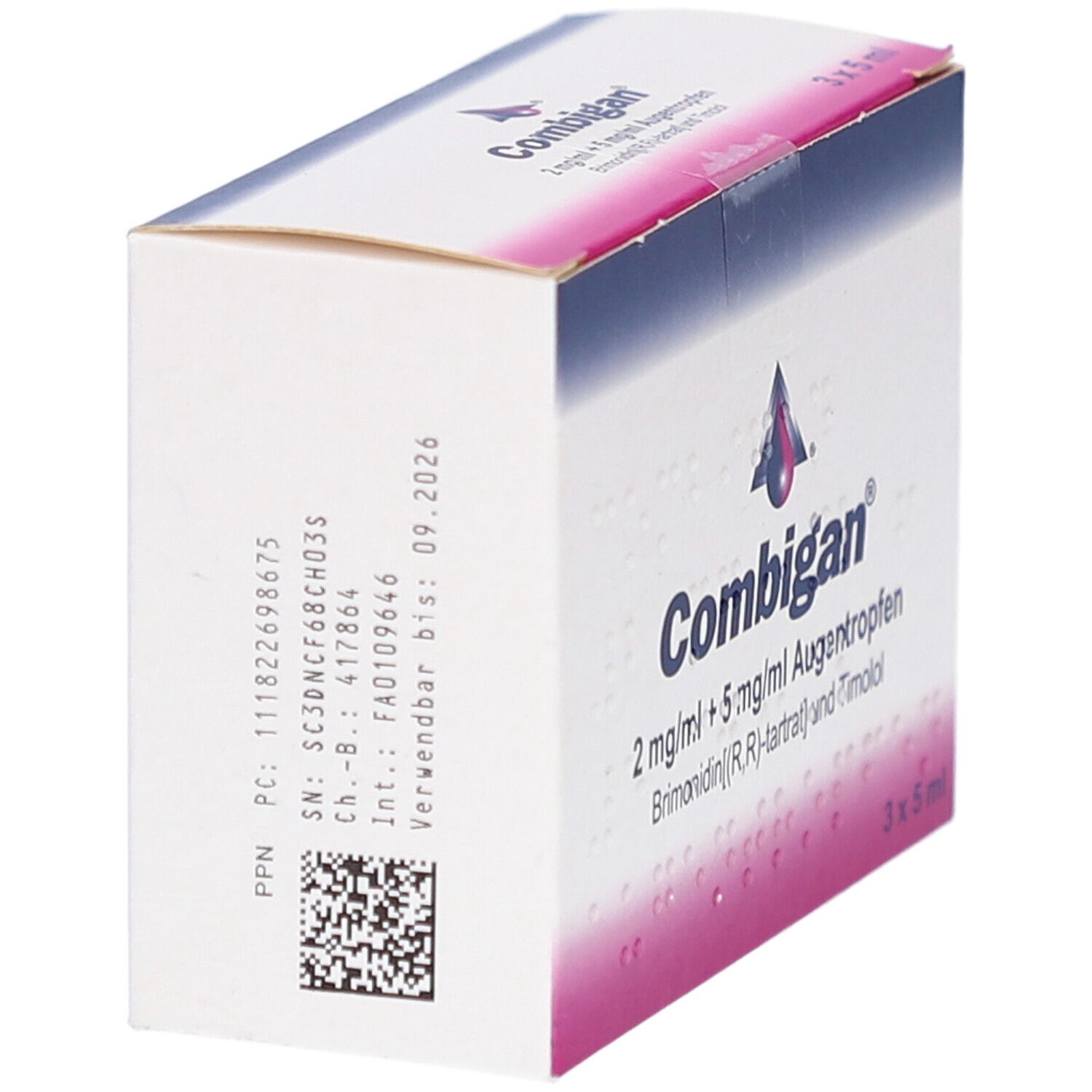 Karton COMBIGAN Augentropfen. Seitenansicht. Aufschrift: 2 mg/ml + 5 mg/ml Augentropfen. Haltbarkeit bis 09.2026.