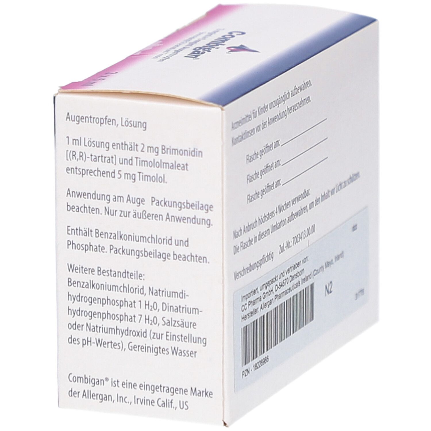 Seitenansicht des Kartons mit COMBIGAN Augentropfen. Text in deutscher Sprache. Inhaltsstoffe und Anwendung.