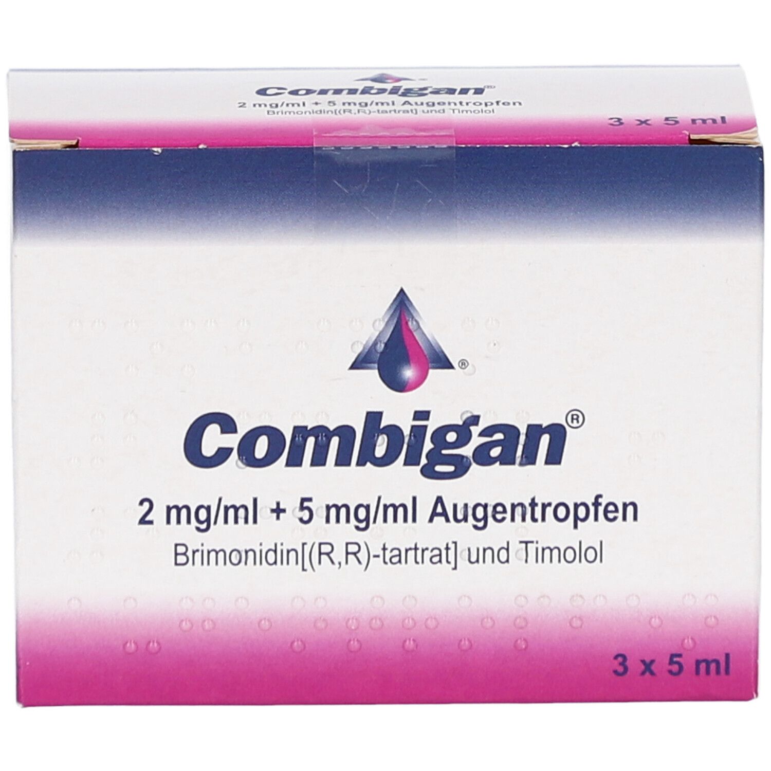 Karton mit COMBIGAN Augentropfen. Aufschrift: 2 mg/ml + 5 mg/ml Augentropfen. 3 x 5 ml. Rosa, weiß und blau.