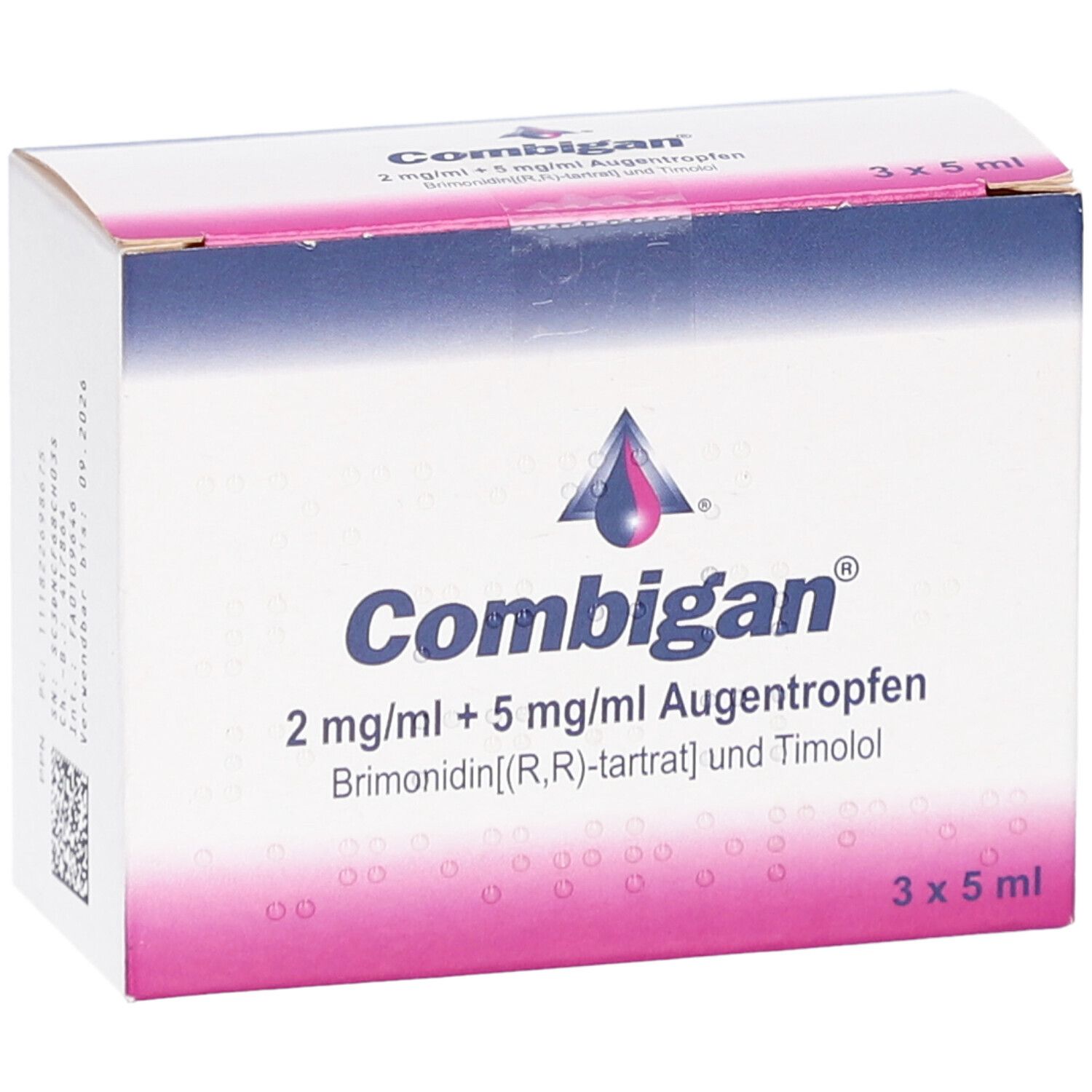 Karton mit COMBIGAN Augentropfen. Aufschrift: 2 mg/ml + 5 mg/ml Augentropfen. 3 x 5 ml. Rosa, weiß und blau.