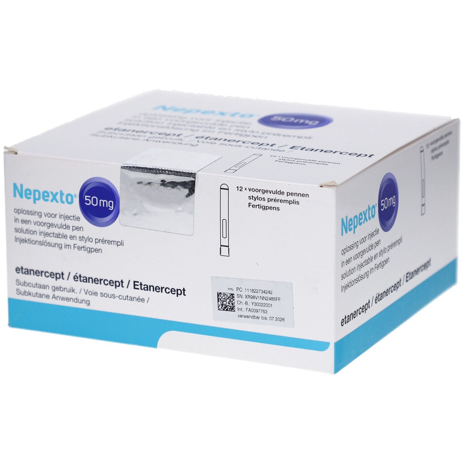 Karton mit NEPEXTO 50 mg Injektionslösung im Fertigpen. Aufschrift und Piktogramm eines Pens.