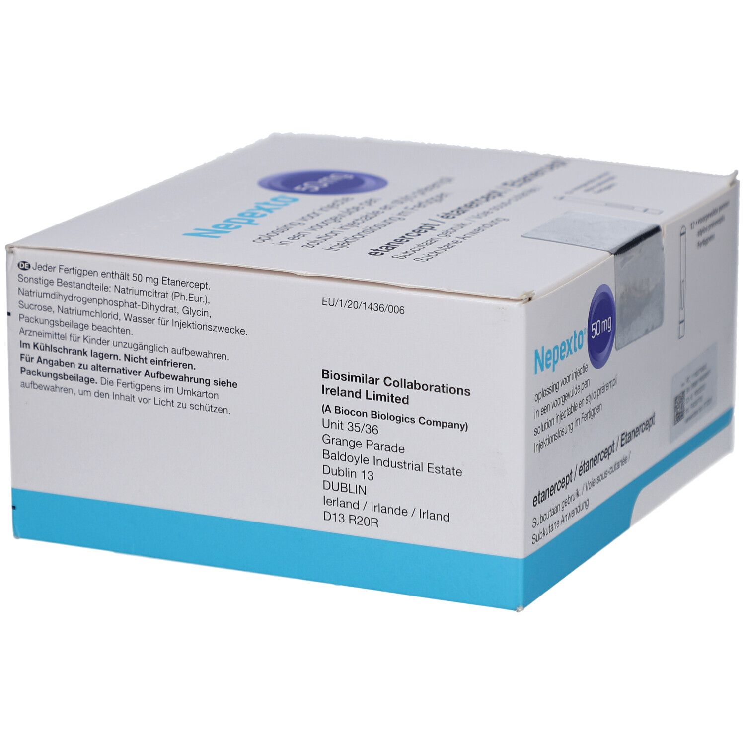 Karton von NEPEXTO 50 mg. Text mit Inhaltsstoffen und Herstelleradresse. EU-Kennzeichnung.