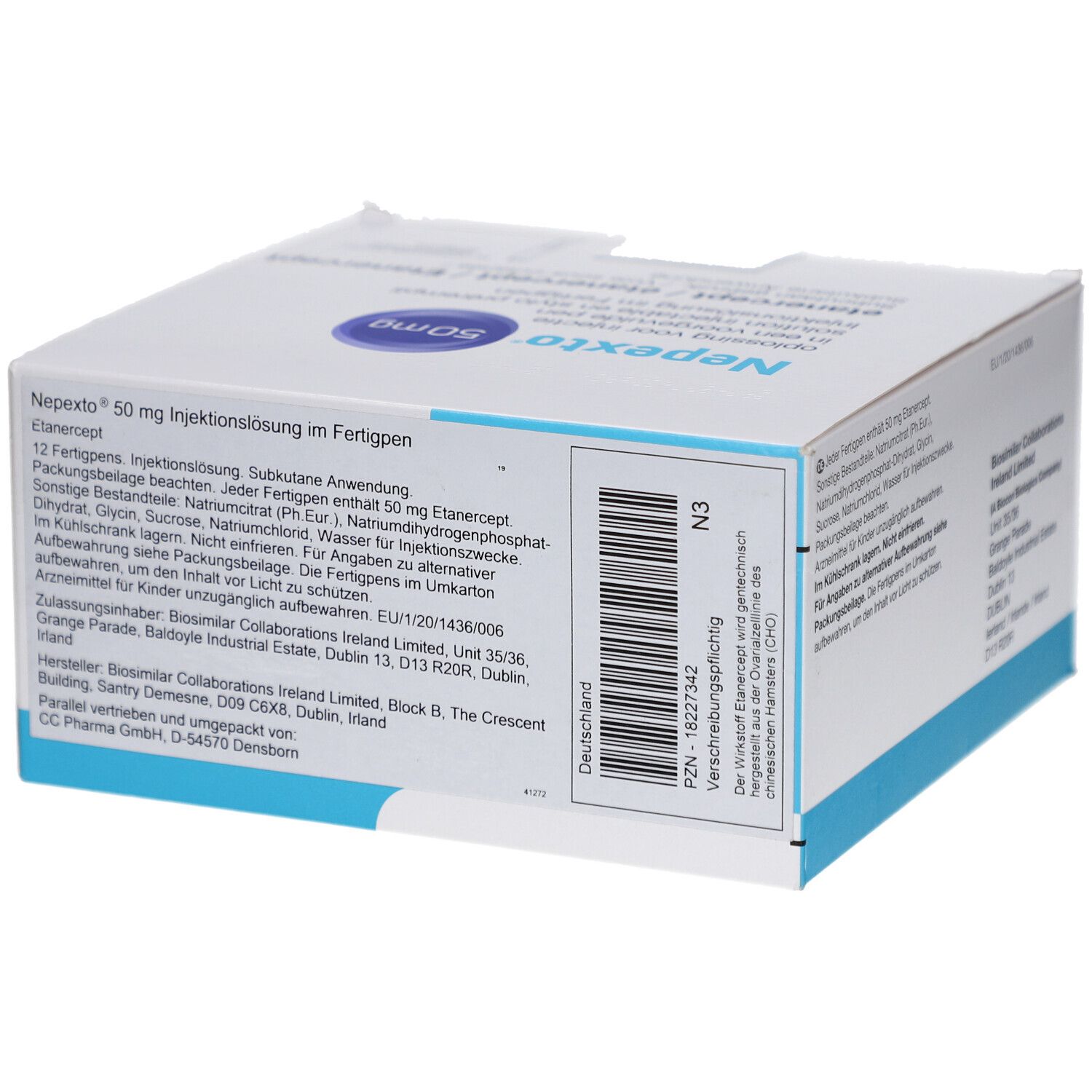 Karton von NEPEXTO 50 mg Injektionslösung im Fertigpen. Barcode und Text. Aufschrift: Deutschland.