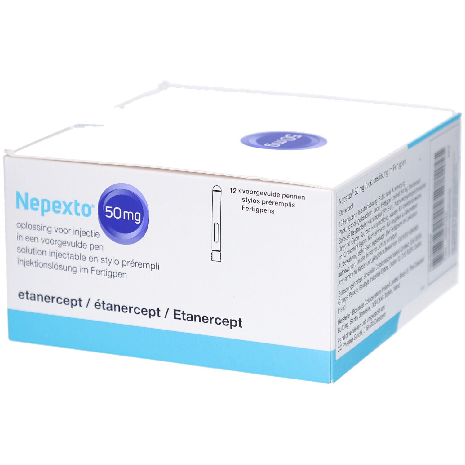 Karton von NEPEXTO 50 mg Injektionslösung im Fertigpen. Blaue Kreise mit Text. Piktogramm Pen.
