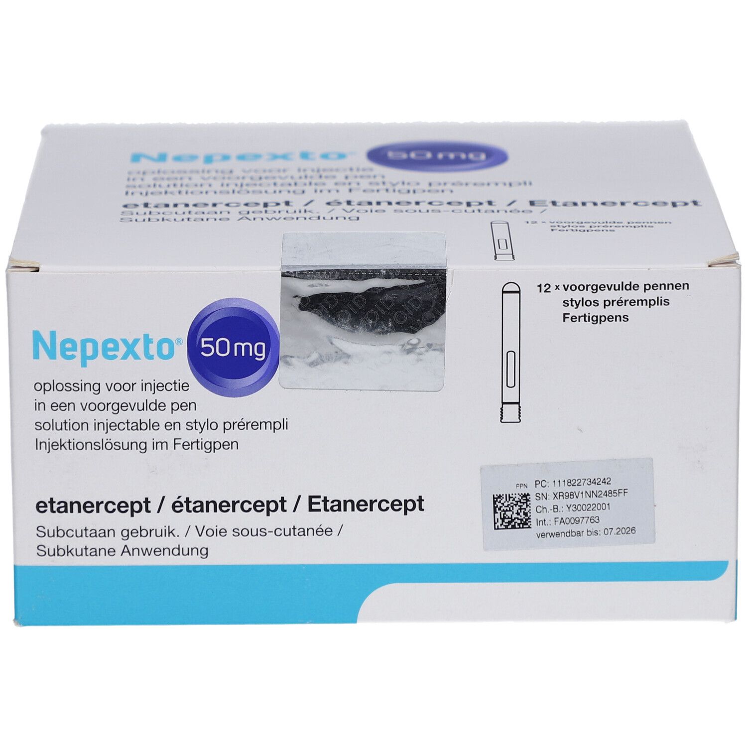 Karton von NEPEXTO 50 mg Injektionslösung im Fertigpen. Blaue Kreise mit Text. Barcode und Text.