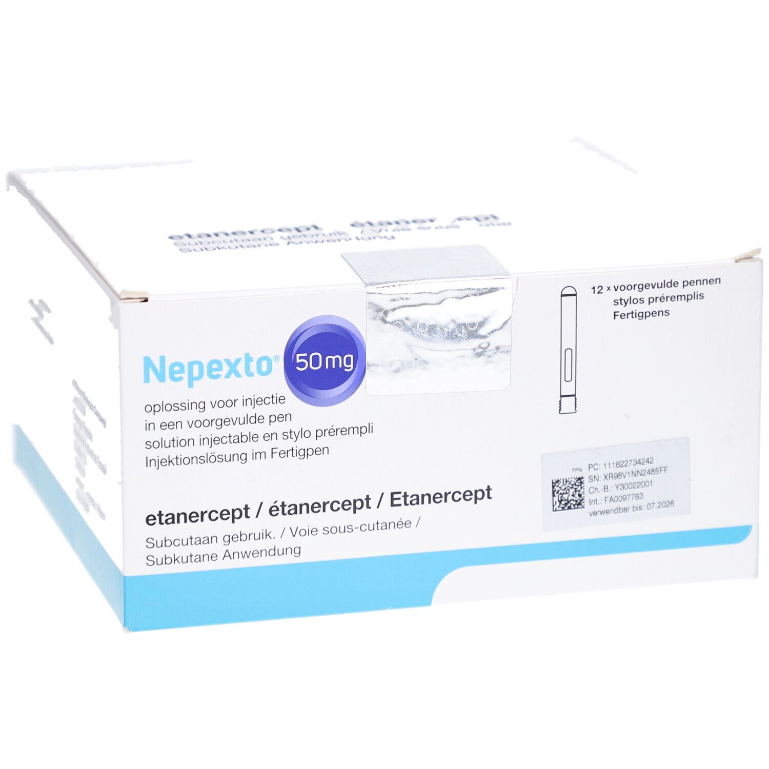 Karton von NEPEXTO 50 mg Injektionslösung im Fertigpen. Blaue Kreise mit Text. Barcode und Text.