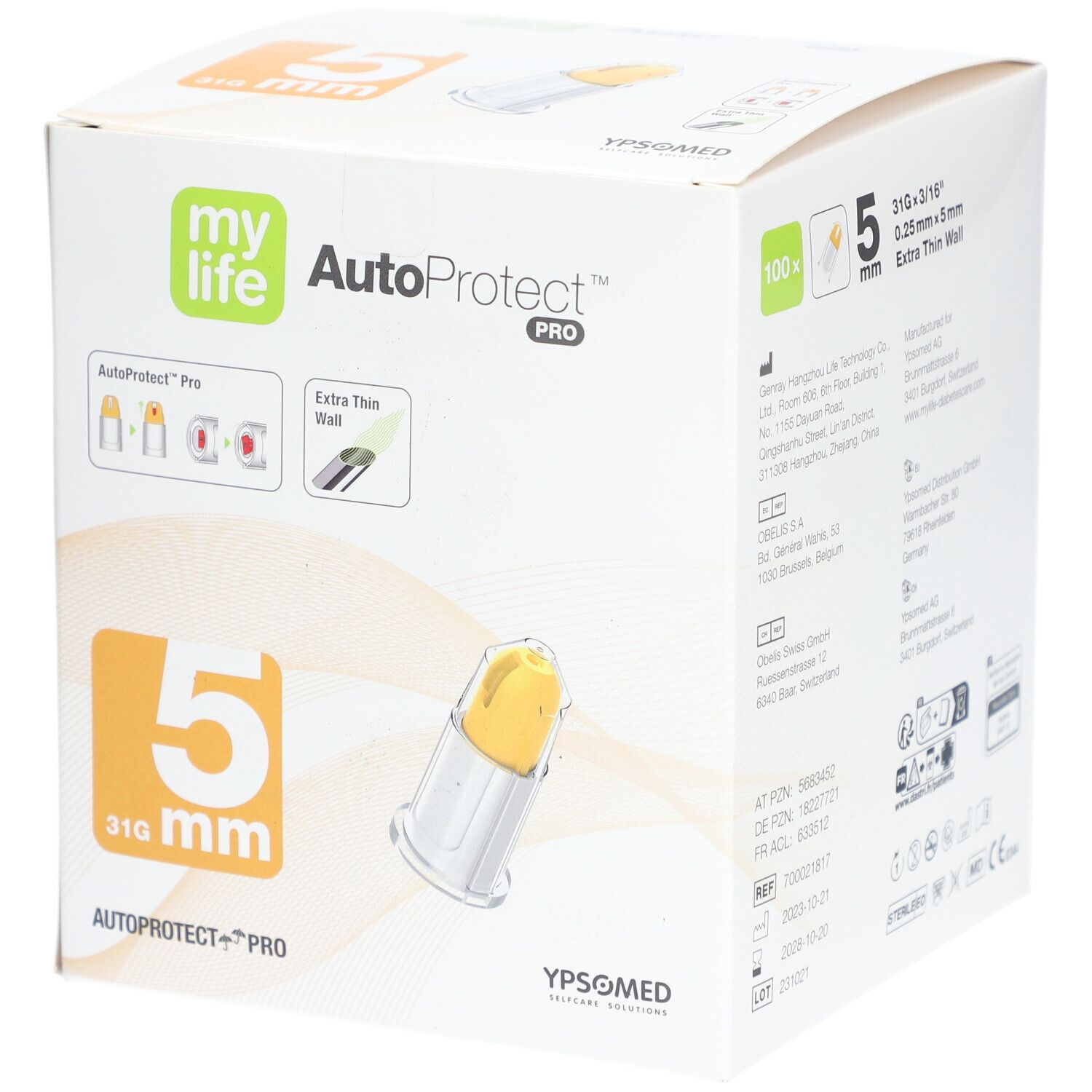 Verpackung von MYLIFE AutoProtect PRO Sich.-Pen-Nadeln. 5 mm, 31G. Gelbe Nadel in transparenter Hülle. Produktname und Logo sichtbar.
