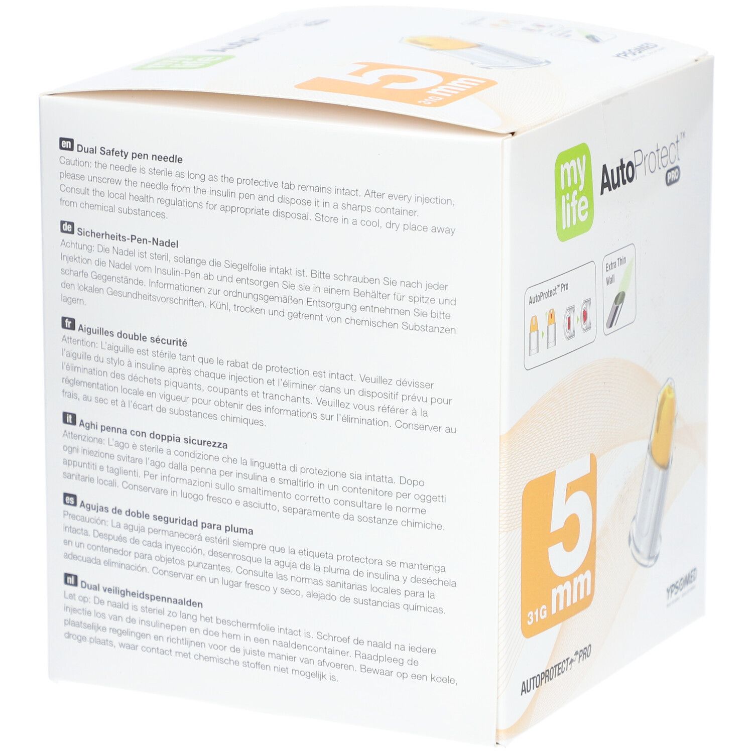 Rückseite der Verpackung von MYLIFE AutoProtect PRO. Text in mehreren Sprachen. Produktname und Logo sichtbar. Sicherheitsmerkmale.