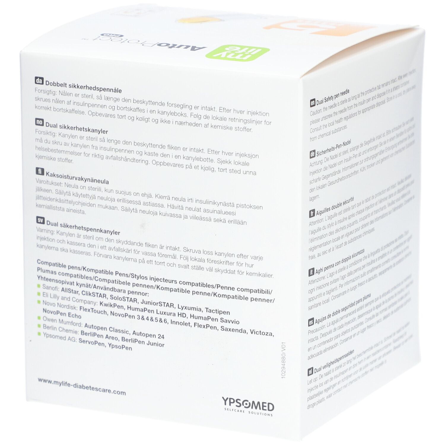 Rückseite der Verpackung von MYLIFE AutoProtect PRO. Text in mehreren Sprachen. Produktname und Logo sichtbar. Kompatible Pen-Systeme.