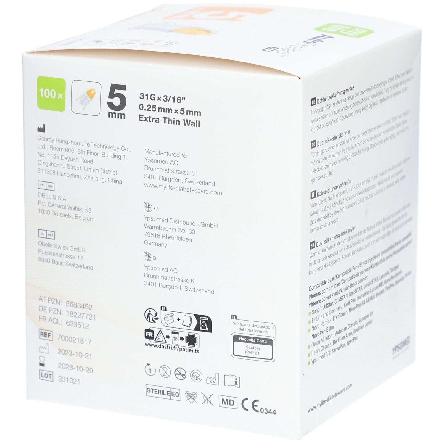 Verpackung von MYLIFE AutoProtect PRO. 5 mm, 31G. Produktname und Logo sichtbar. Sterilisiert, CE-Kennzeichnung.