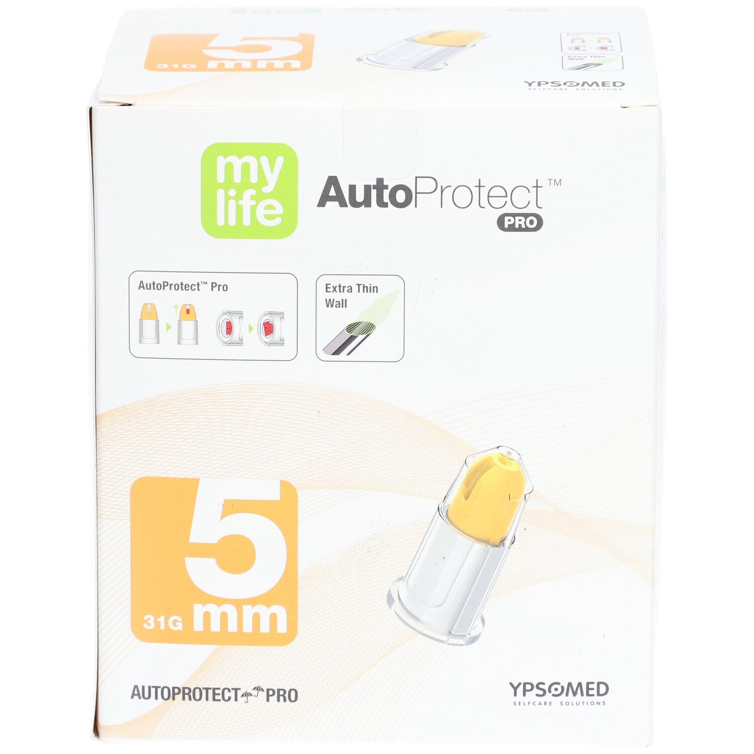 Verpackung von MYLIFE AutoProtect PRO. 5 mm, 31G. Gelbe Nadel in transparenter Hülle. Produktname und Logo sichtbar.