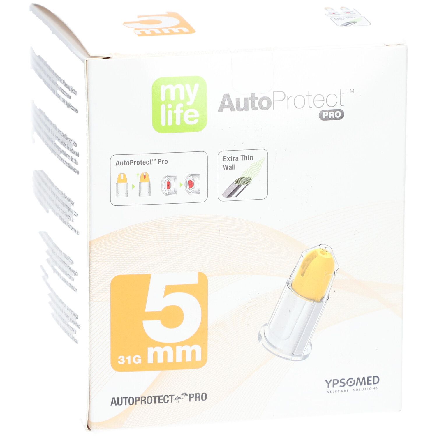 Verpackung von MYLIFE AutoProtect PRO. 5 mm, 31G. Gelbe Nadel in transparenter Hülle. Produktname und Logo sichtbar.