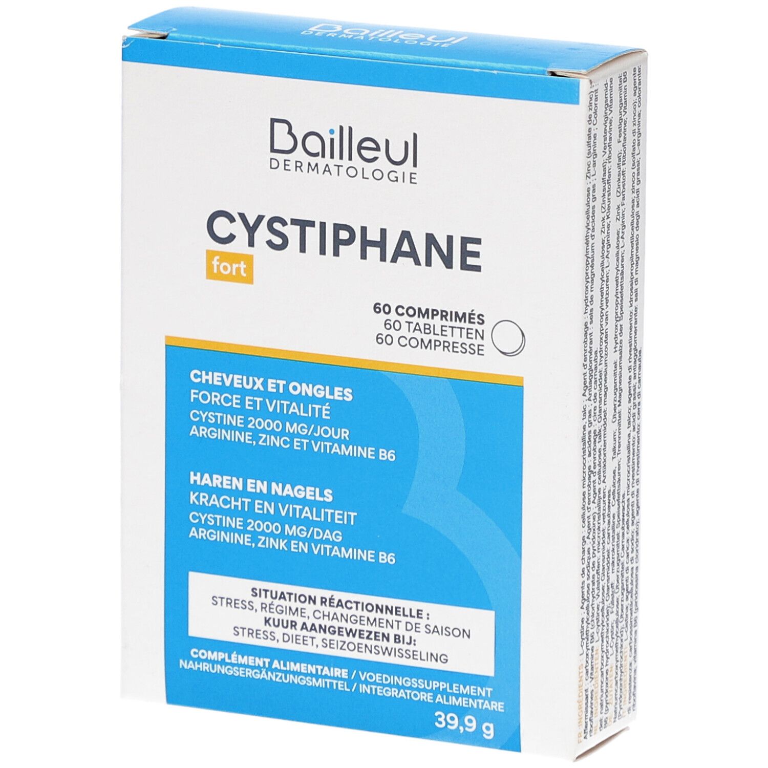 Schachtel mit CYSTIPHANE fort. Enthält 60 Tabletten. Blaue und weiße Verpackung mit Produktinformationen.