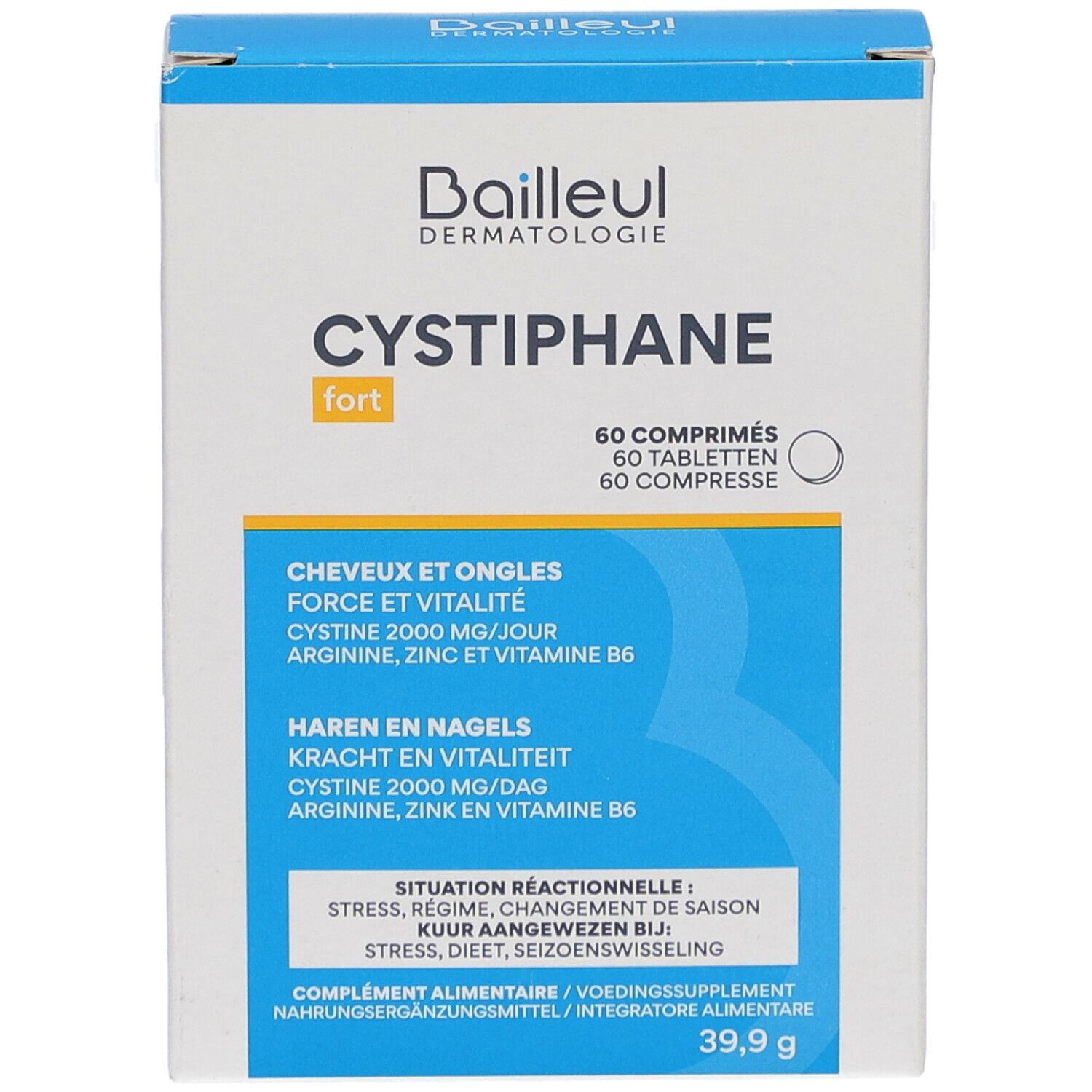 CYSTIPHANE fort Schachtel. Enthält 60 Tabletten. Blaue und weiße Verpackung mit Produktinformationen.