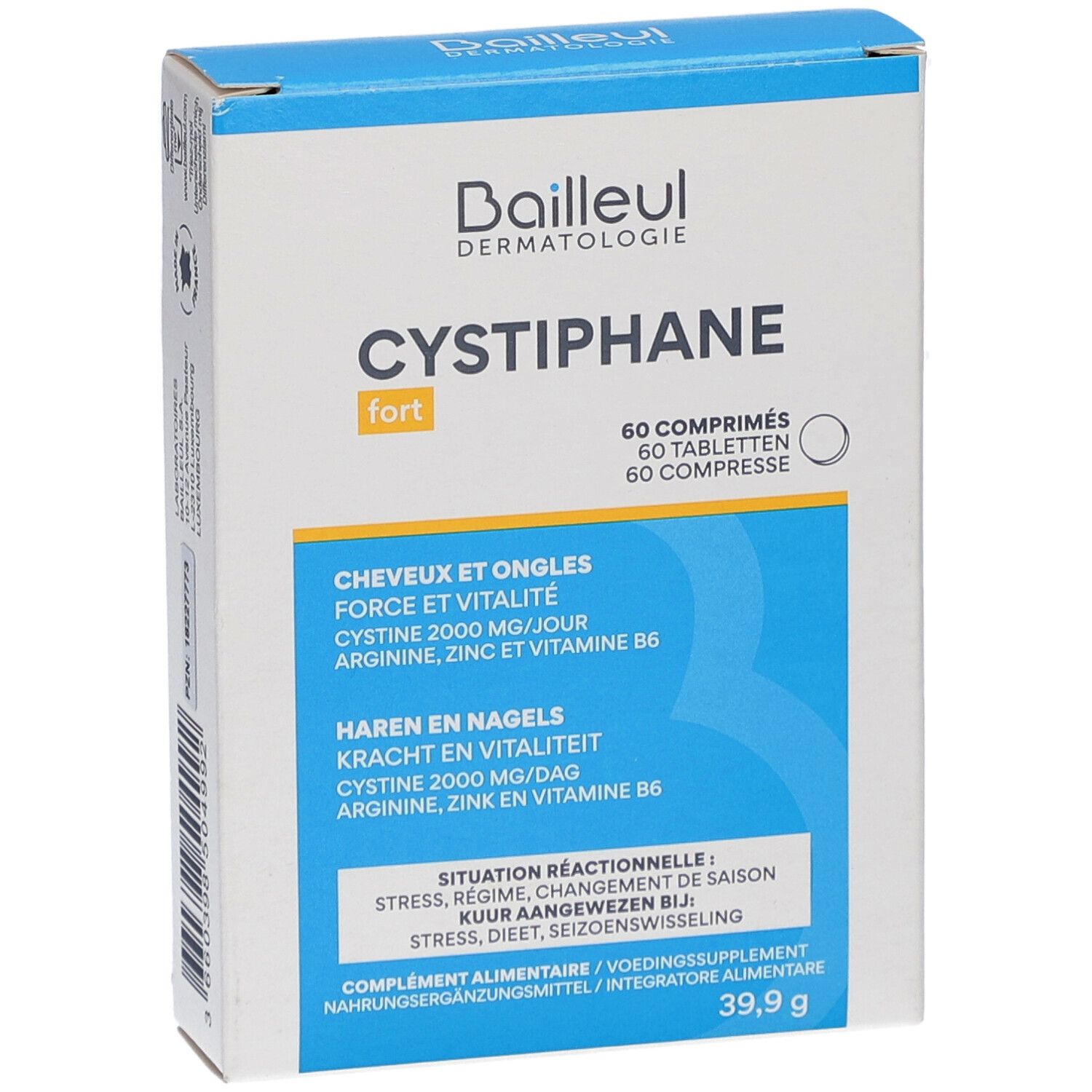 CYSTIPHANE fort Schachtel. Enthält 60 Tabletten. Blaue und weiße Verpackung mit Produktinformationen.