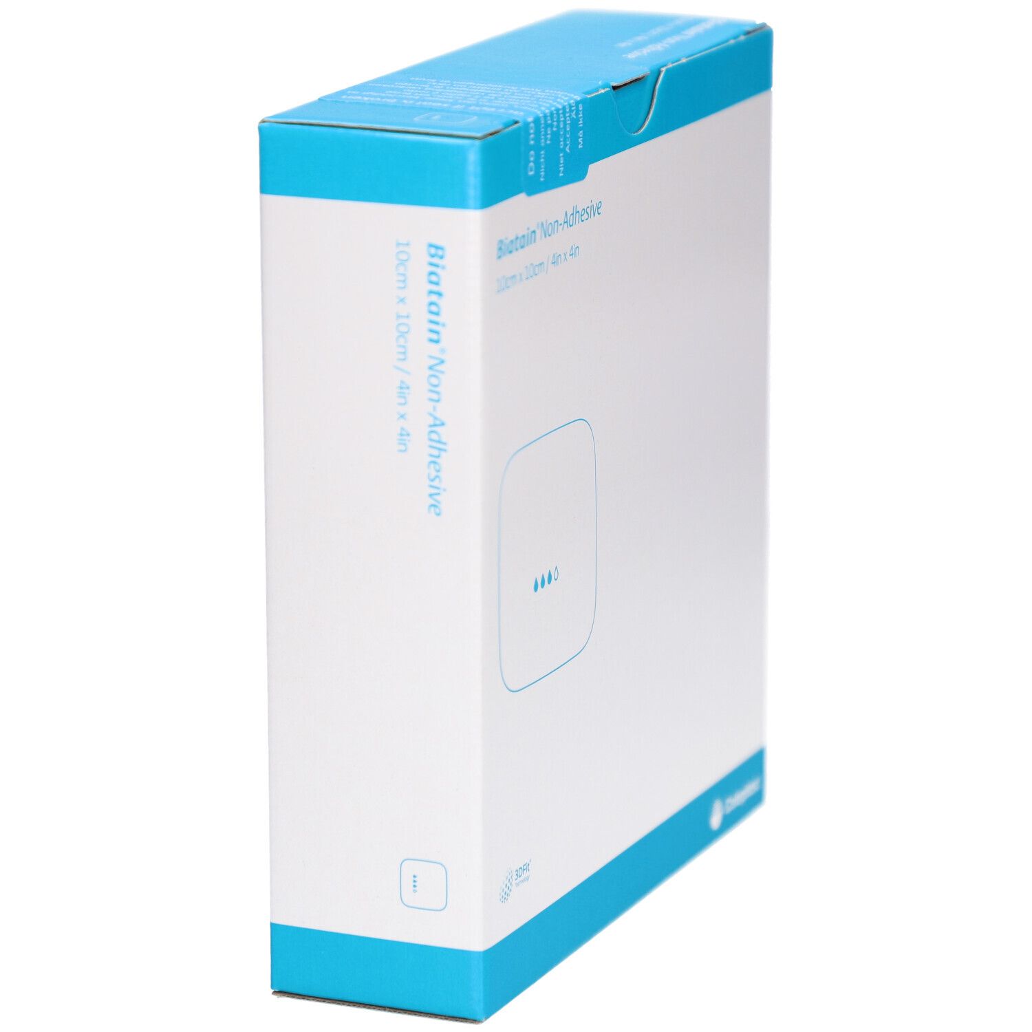 Seitenansicht der Verpackung von BIATAIN Non-Adhesive. Blaue und weiße Schachtel mit Produktinformationen. Größe: 10x10cm.
