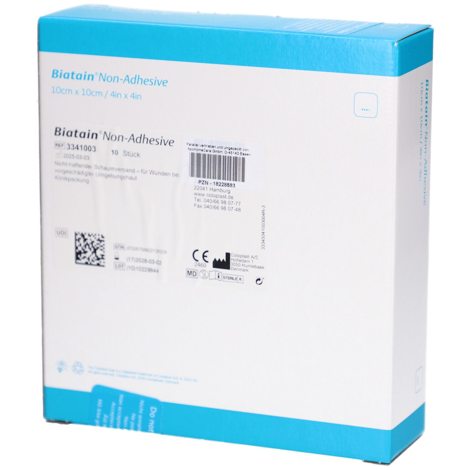 Rückseite der Verpackung von BIATAIN Non-Adhesive. Blaue und weiße Schachtel mit Produktinformationen, Barcode und CE-Zeichen.