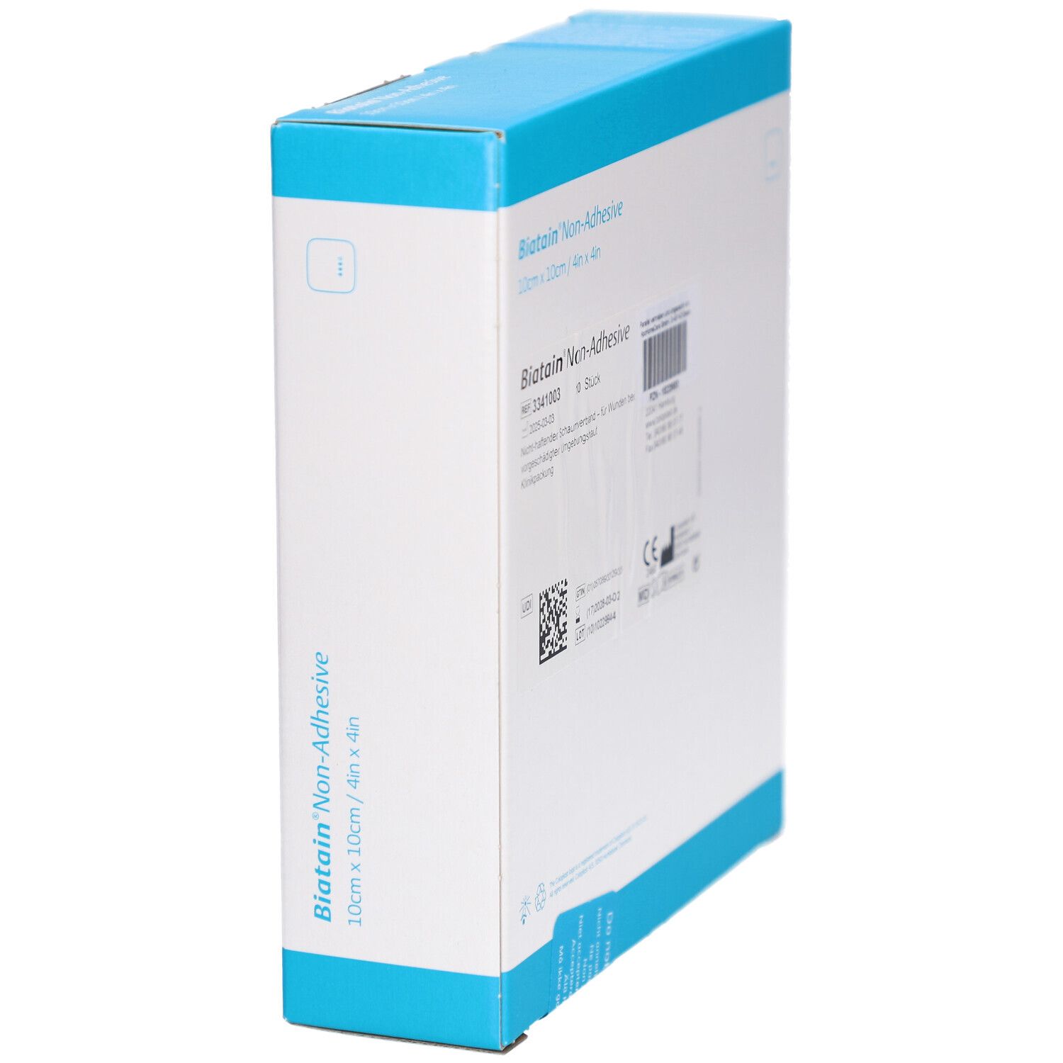 Seitenansicht der Verpackung von BIATAIN Non-Adhesive. Blaue und weiße Schachtel mit Produktinformationen und Barcode.