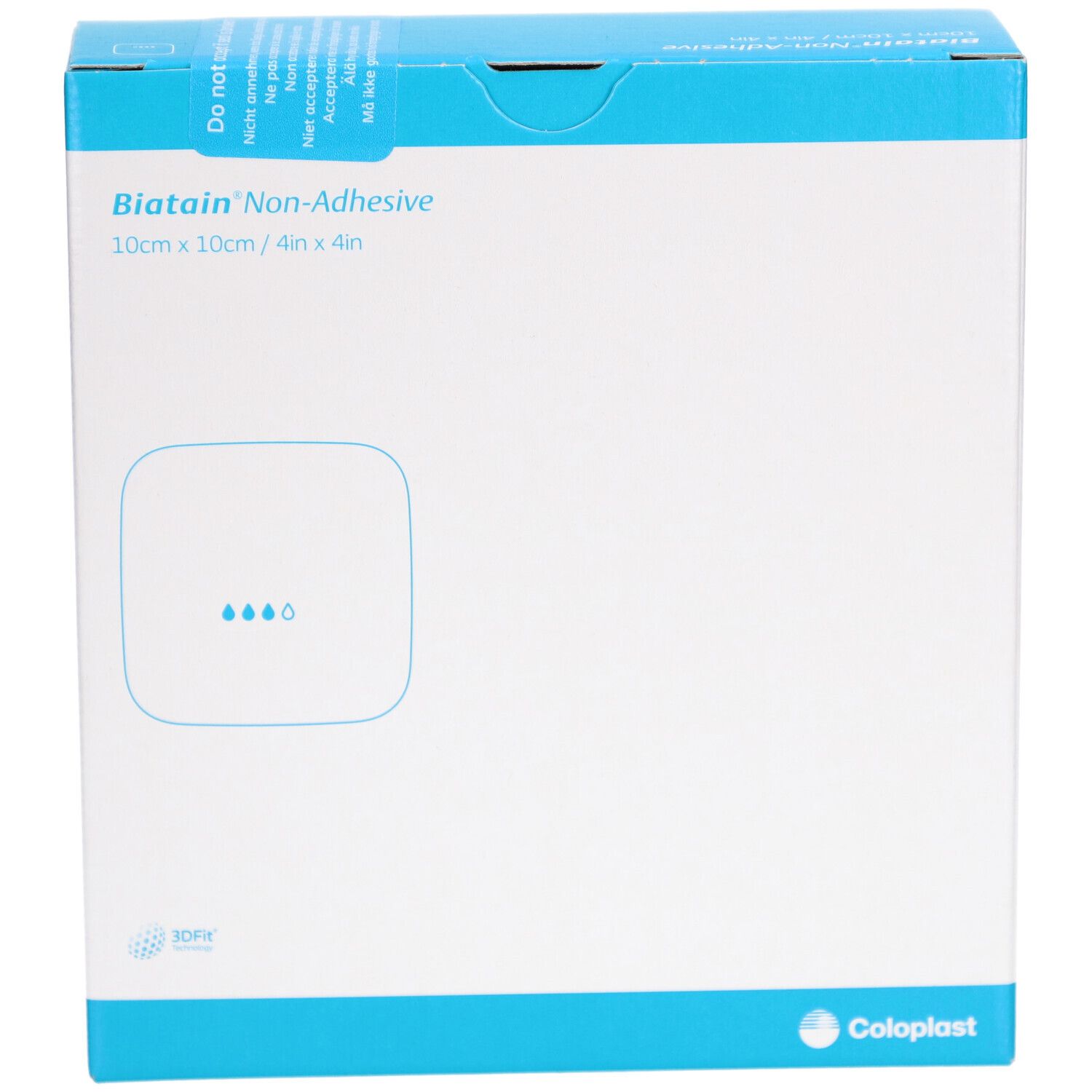 Vorderansicht der Verpackung von BIATAIN Non-Adhesive. Blaue und weiße Schachtel mit Produktinformationen und Logo.