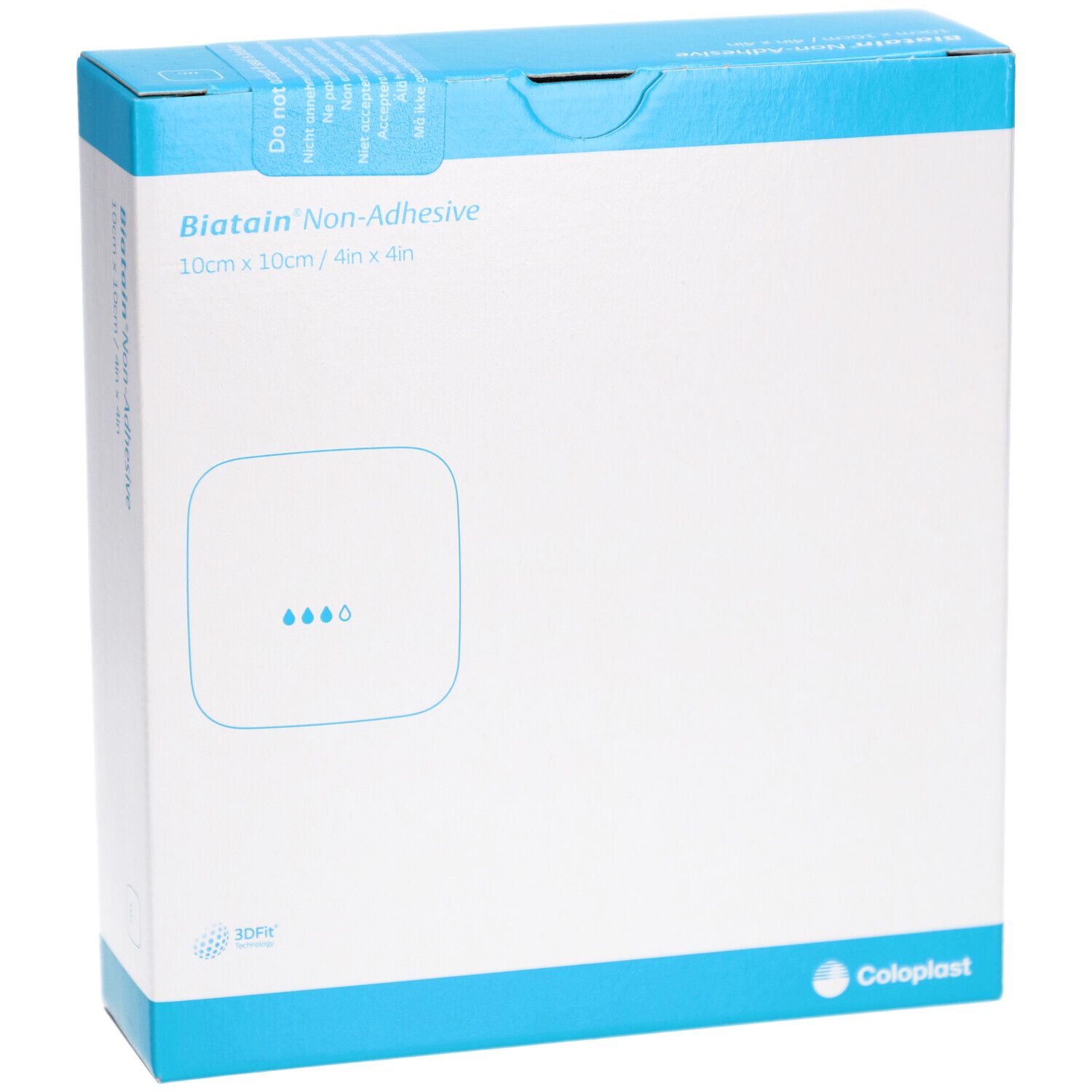 Vorderansicht der Verpackung von BIATAIN Non-Adhesive. Blaue und weiße Schachtel mit Produktinformationen und Logo.