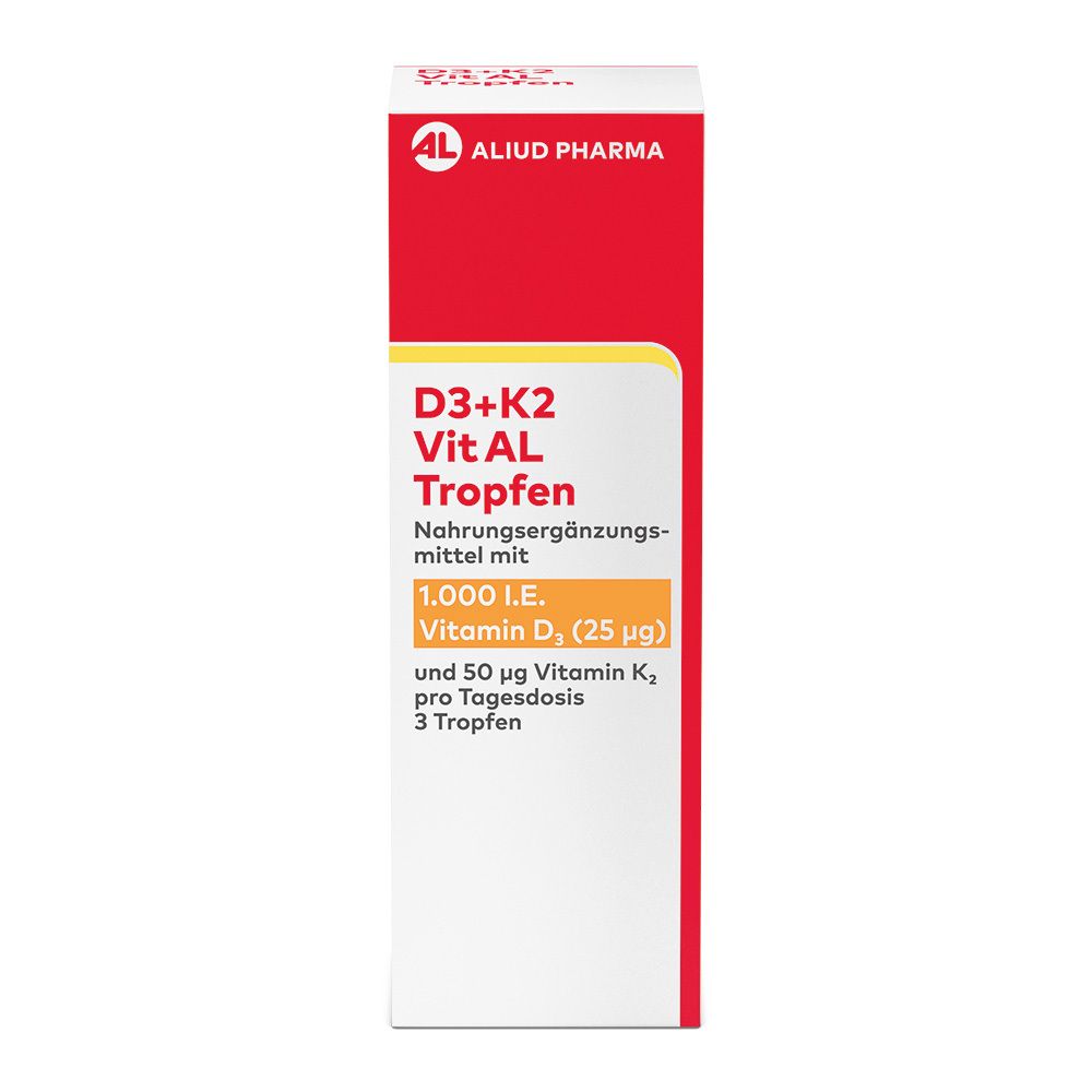 Weiße und rote Verpackung von ALIUD PHARMA D3 + K2 Vit AL Tropfen. Text: D3+K2 Vit AL Tropfen, 1.000 I.E. Vitamin D3, 50 µg Vitamin K2.