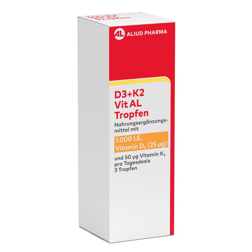 Schräg gestellte, weiße und rote Verpackung von ALIUD PHARMA D3 + K2 Vit AL Tropfen. Text: D3+K2 Vit AL Tropfen, 1.000 I.E. Vitamin D3, 50 µg Vitamin K2.