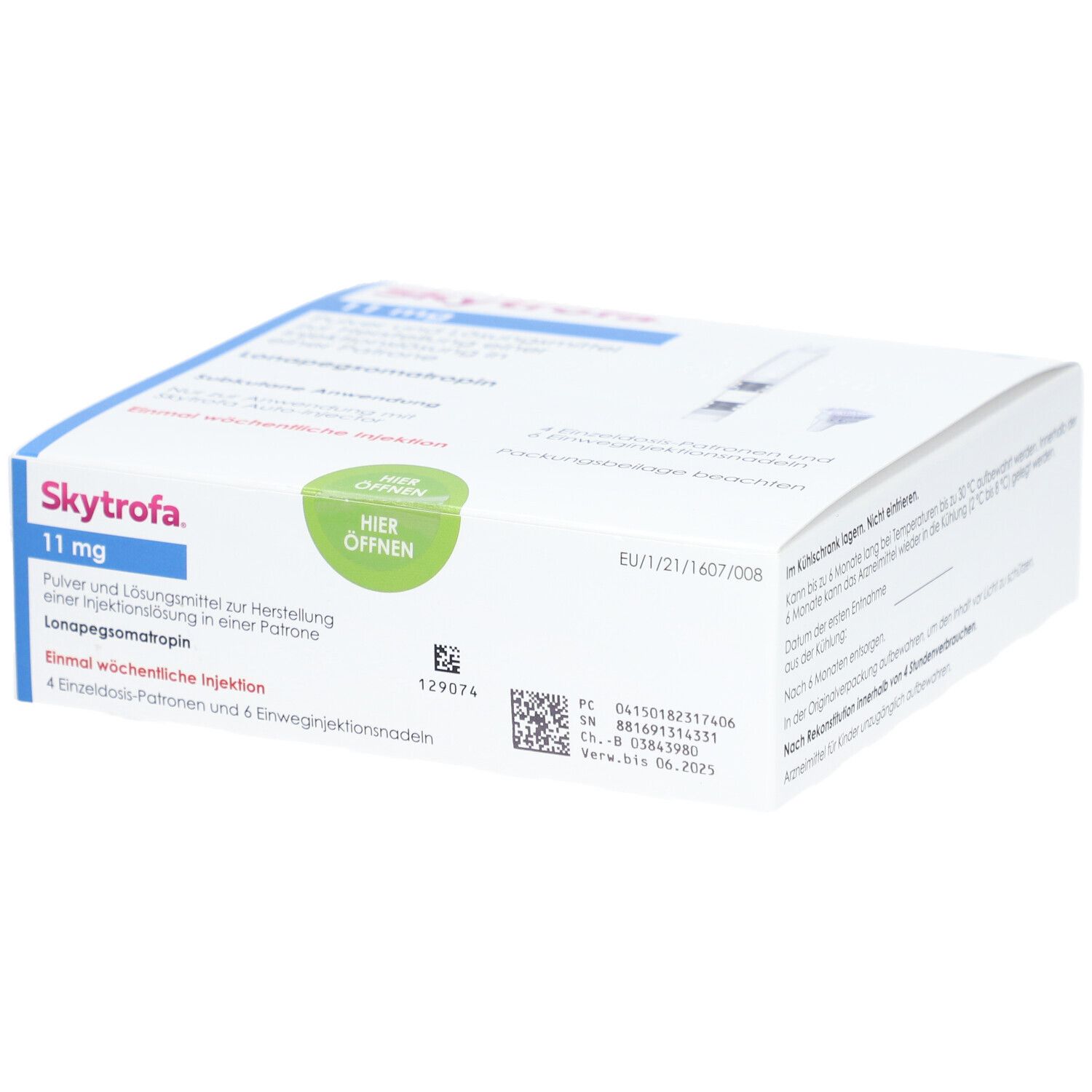 Weiße Faltschachtel mit blauen und grünen Akzenten. Aufschrift: Skytrofa 11 mg. Enthält 4 Einzeldosis-Patronen und 6 Injektionsnadeln.