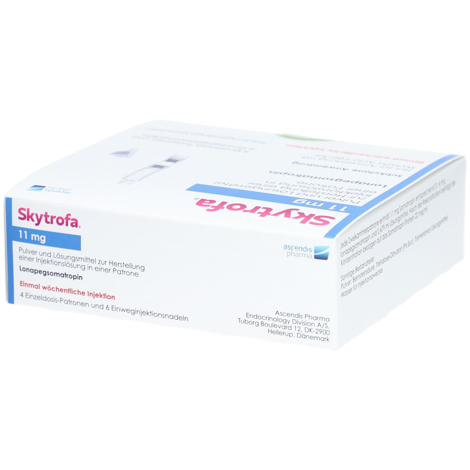 Weiße Faltschachtel mit blauen Akzenten. Aufschrift: Skytrofa 11 mg. Enthält 4 Einzeldosis-Patronen und 6 Injektionsnadeln. Ascendis Pharma Logo.