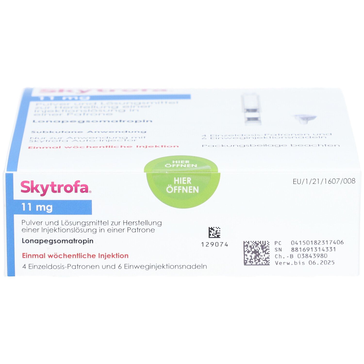 Weiße Faltschachtel mit blauen und grünen Akzenten. Aufschrift: Skytrofa 11 mg. Enthält 4 Einzeldosis-Patronen und 6 Injektionsnadeln.
