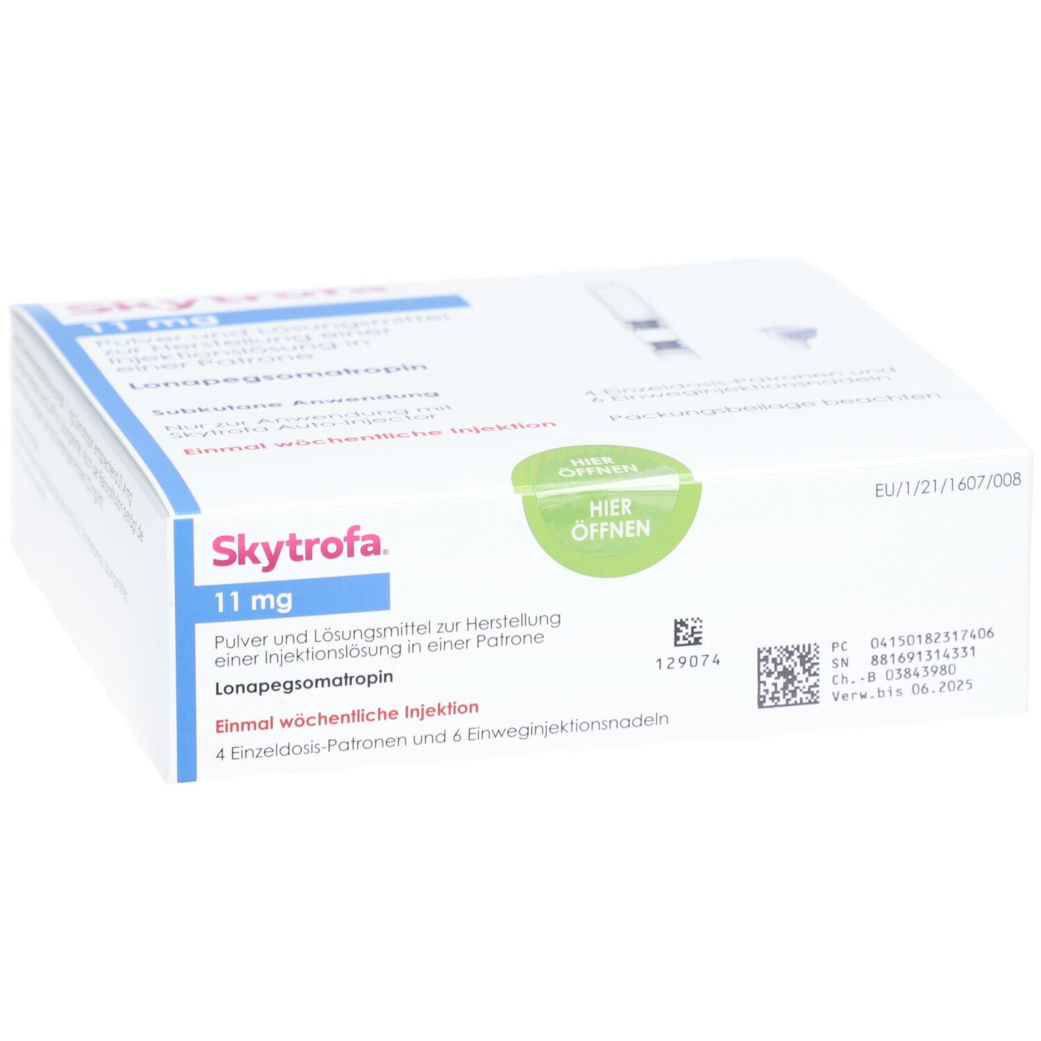 Weiße Faltschachtel mit blauen und grünen Akzenten. Aufschrift: Skytrofa 11 mg. Enthält 4 Einzeldosis-Patronen und 6 Injektionsnadeln.
