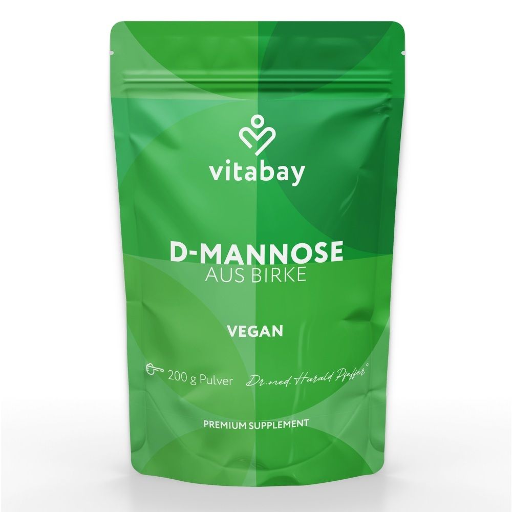 Grüner Beutel mit Vitabay D-Mannose aus Birke, 200g Pulver.