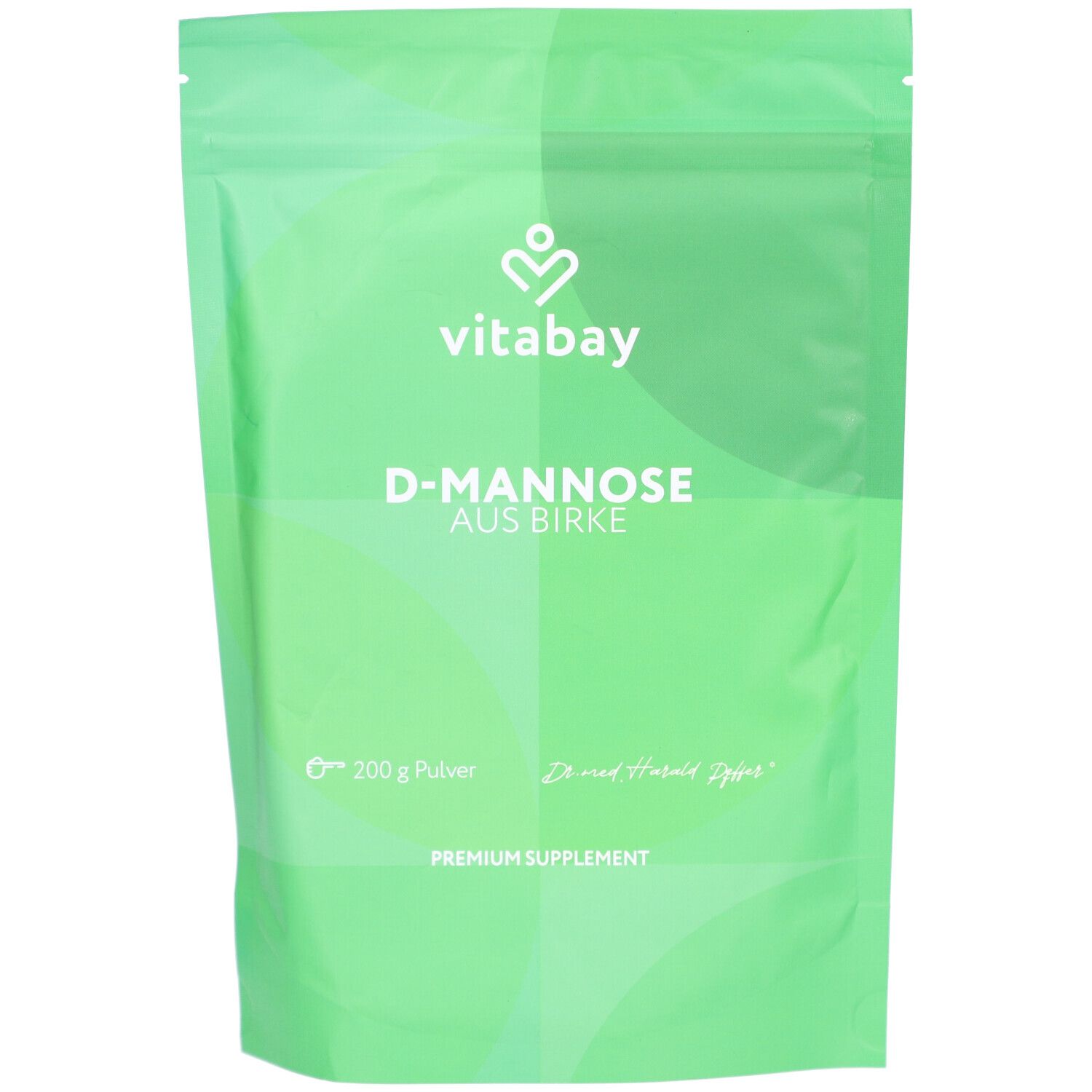 Grüne Verpackung mit "vitabay" und "D-Mannose aus Birke"-Schriftzug. 200g Pulver. Premium Supplement.