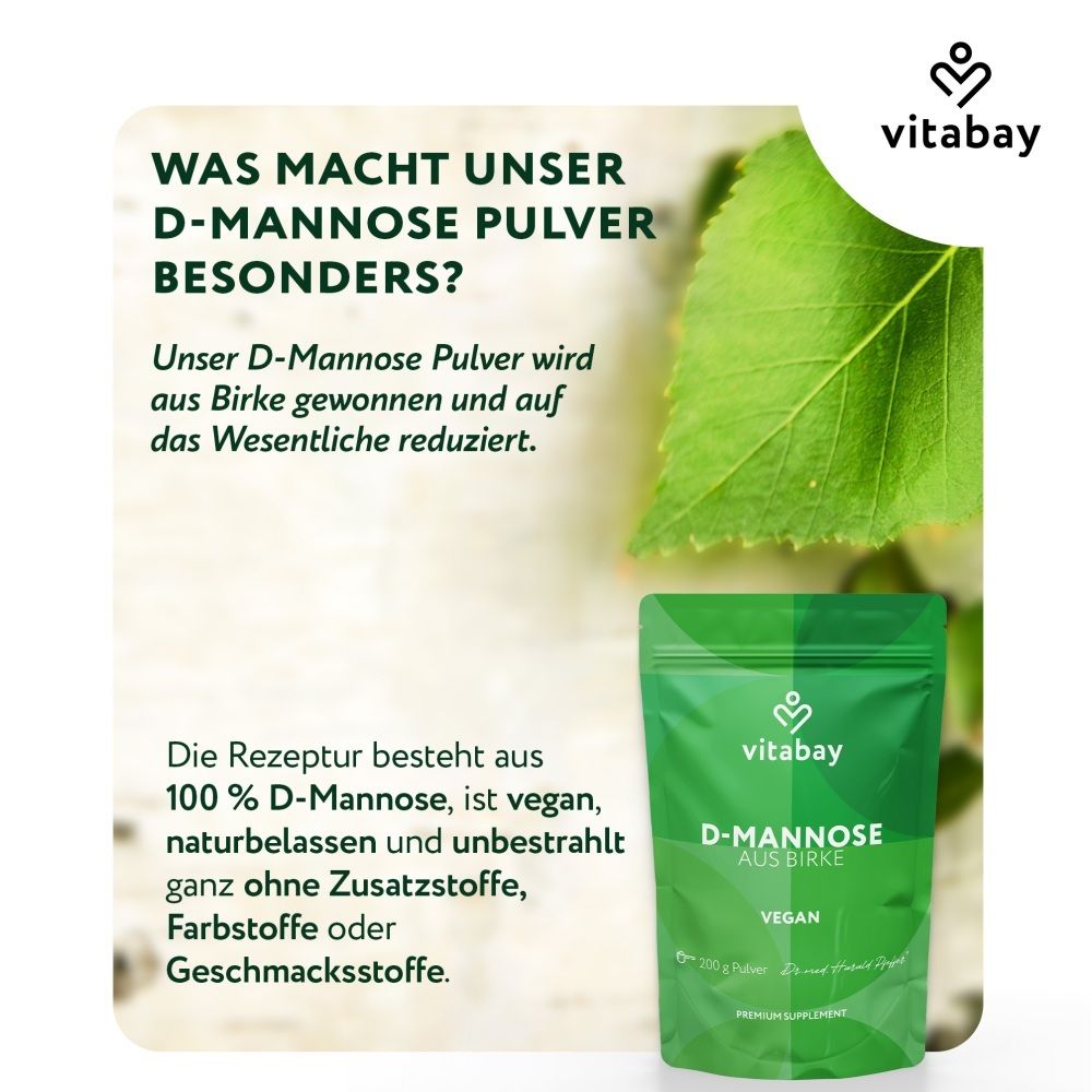Vitabay D-Mannose Pulver aus Birke: 100% D-Mannose, vegan, natürlich, unbestrahlt.