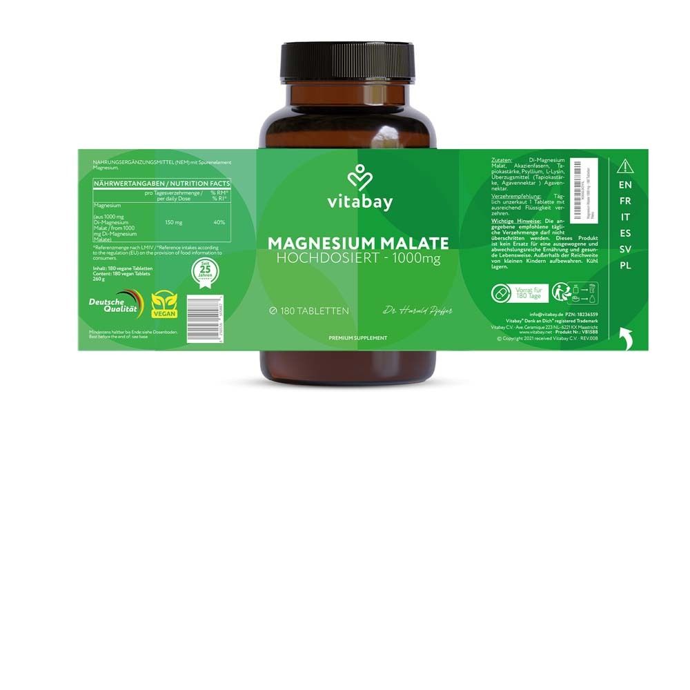 Braune Flasche „vitabay Magnesium Malat 1000 mg“. Rückseite mit Nährwertangaben und Zertifizierungen.