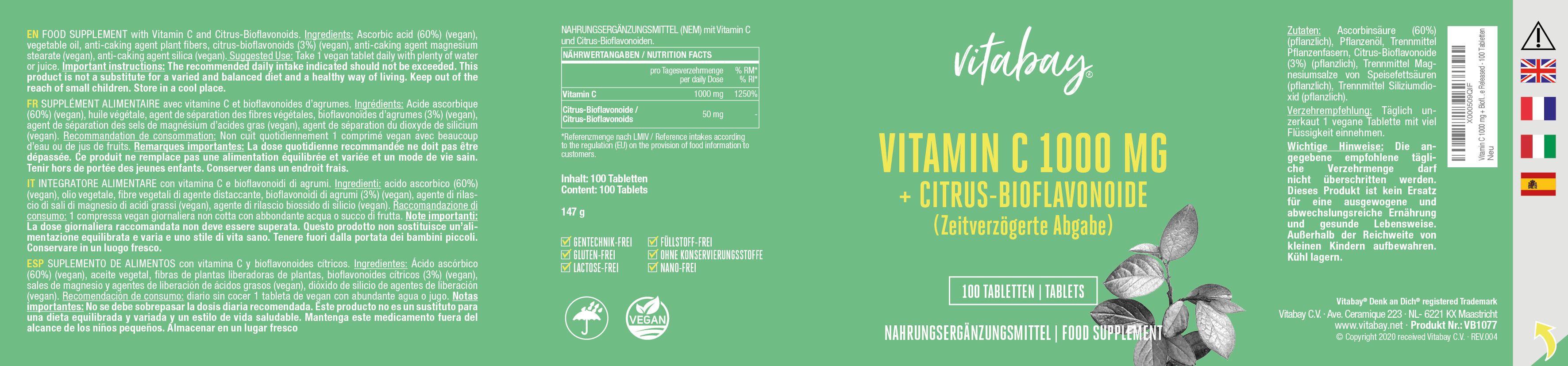 Vitalux Vitamin C 1000 mg mit Citrus-Bioflavonoiden, 60 Tabletten. Grüne Verpackung mit Textinformationen und Abbildung von Zitrusfrüchten.