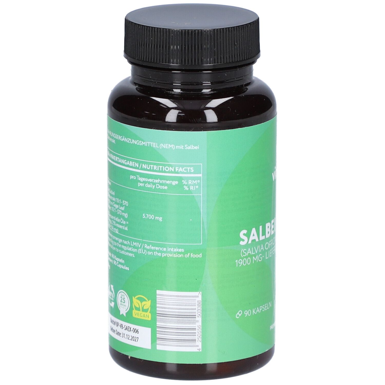 Rückseite der Flasche. Aufschrift: Nährwertangaben, 90 Kapseln, vegan. Barcode und Zertifizierungen. Grüner Hintergrund.