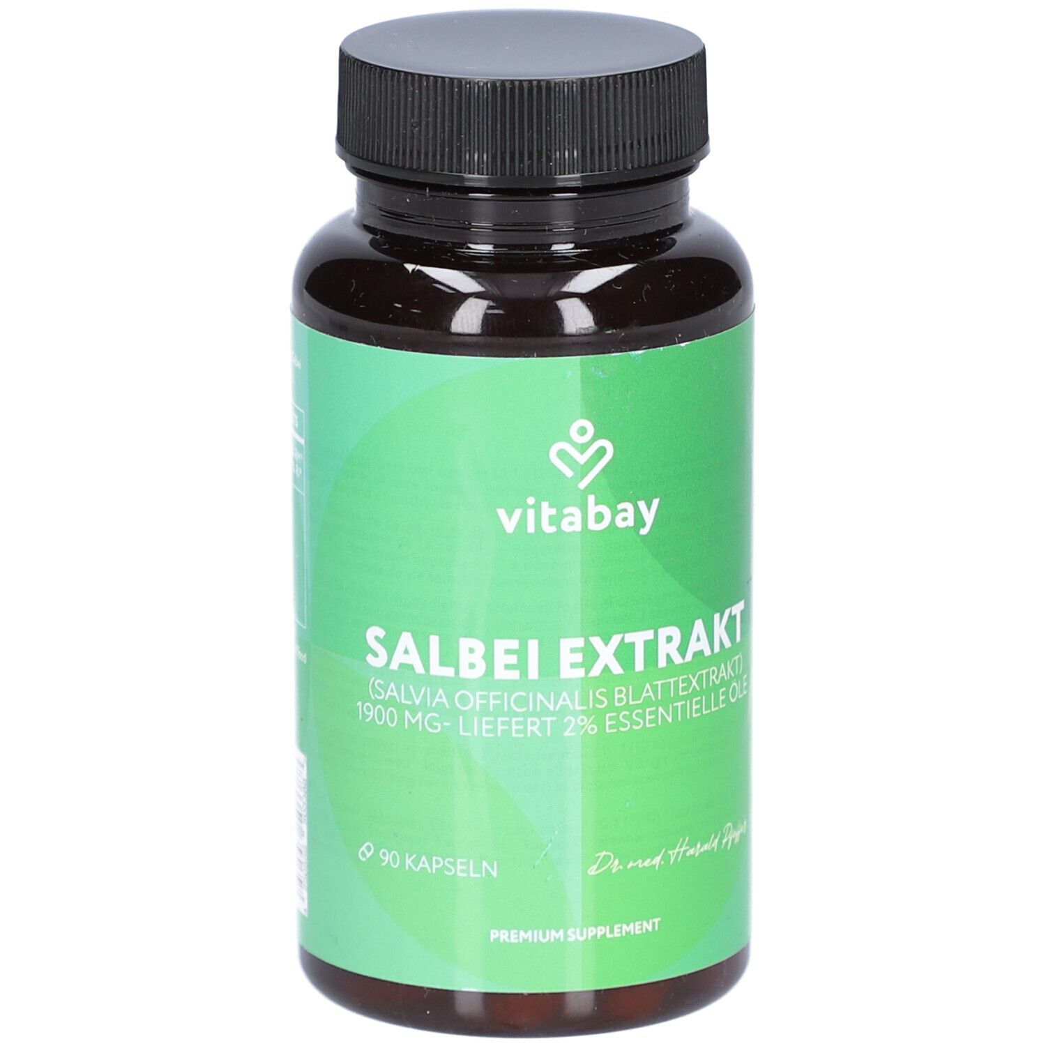 Braune Flasche mit schwarzem Deckel. Aufschrift: SALBEI EXTRAKT, 1900 mg, 90 Kapseln. Marke: vitabay. Grüner Hintergrund.