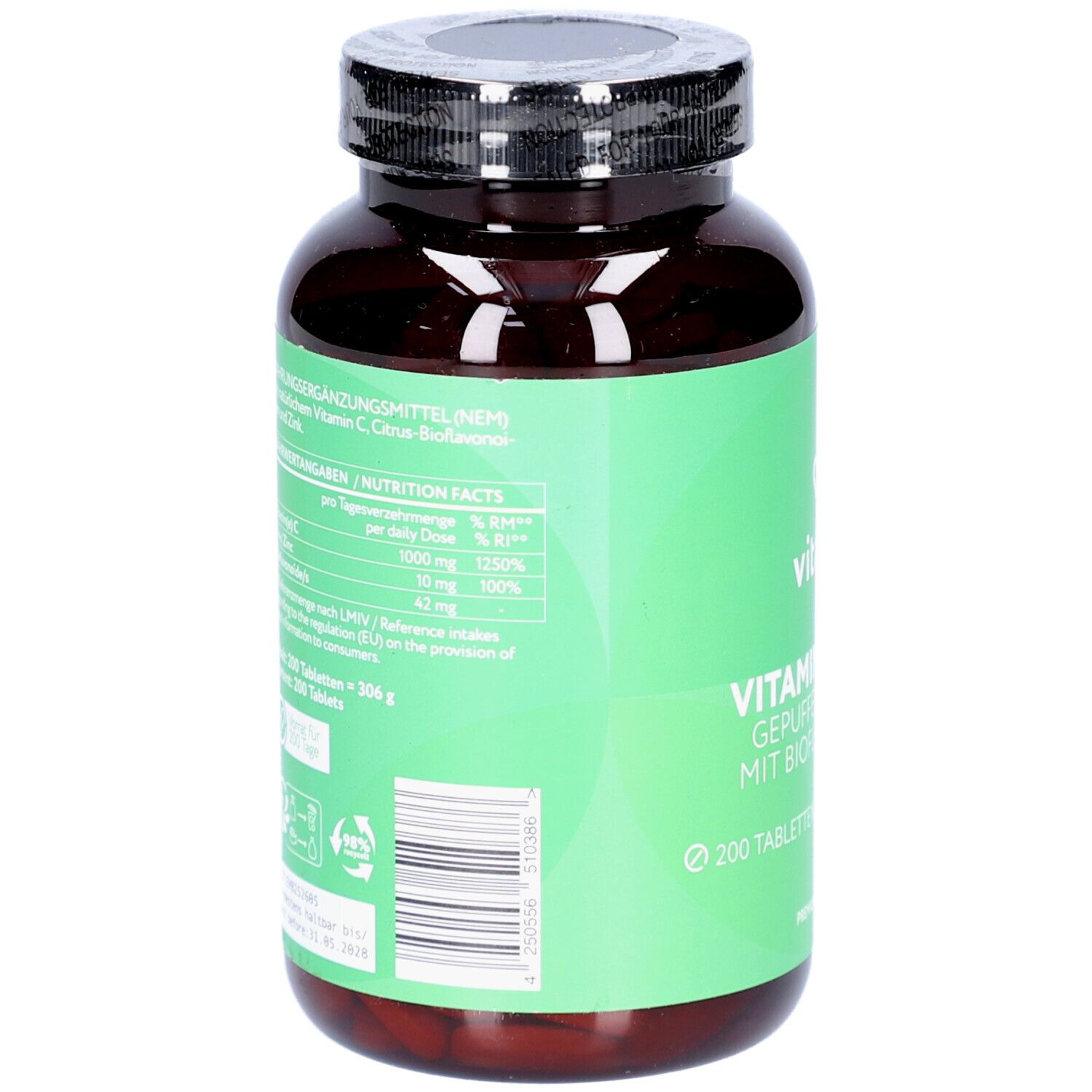 Rückseite der Flasche mit grüner Etikettierung. Enthält Informationen zu Inhaltsstoffen und Nährwerten. Barcode.