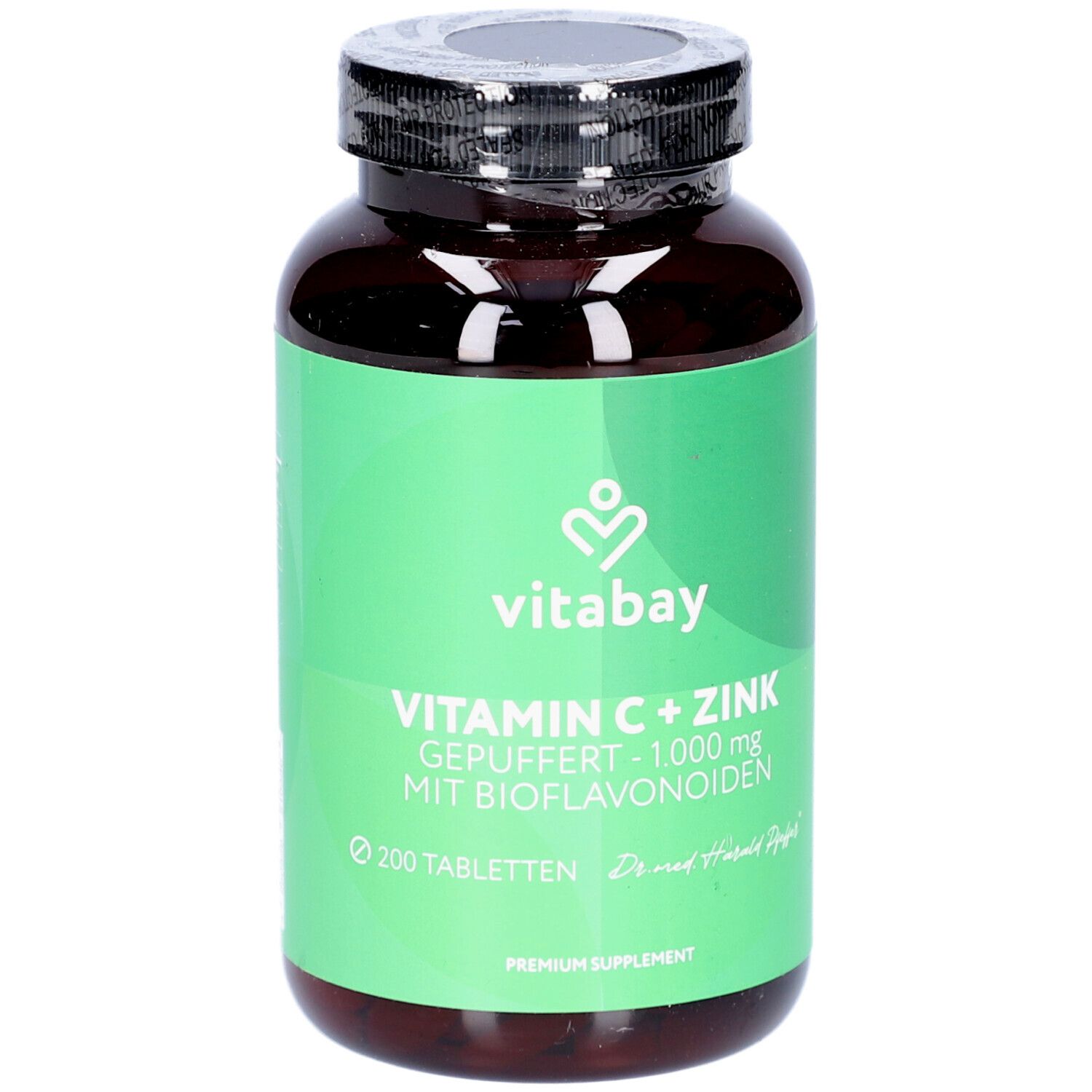 Braune Flasche mit grünem Etikett. Aufschrift: Vitamin C + Zink, 200 Tabletten, vitabay. Logo.