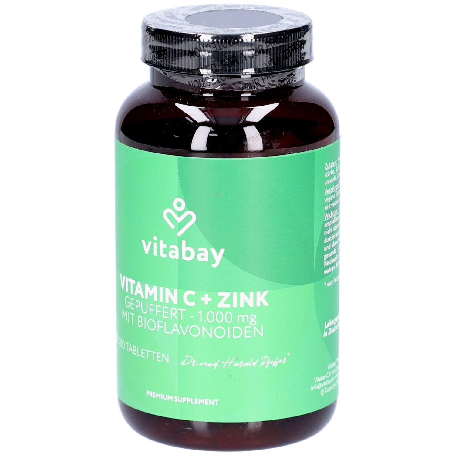 Braune Flasche mit grünem Etikett. Aufschrift: Vitamin C + Zink, 200 Tabletten, vitabay. Logo.