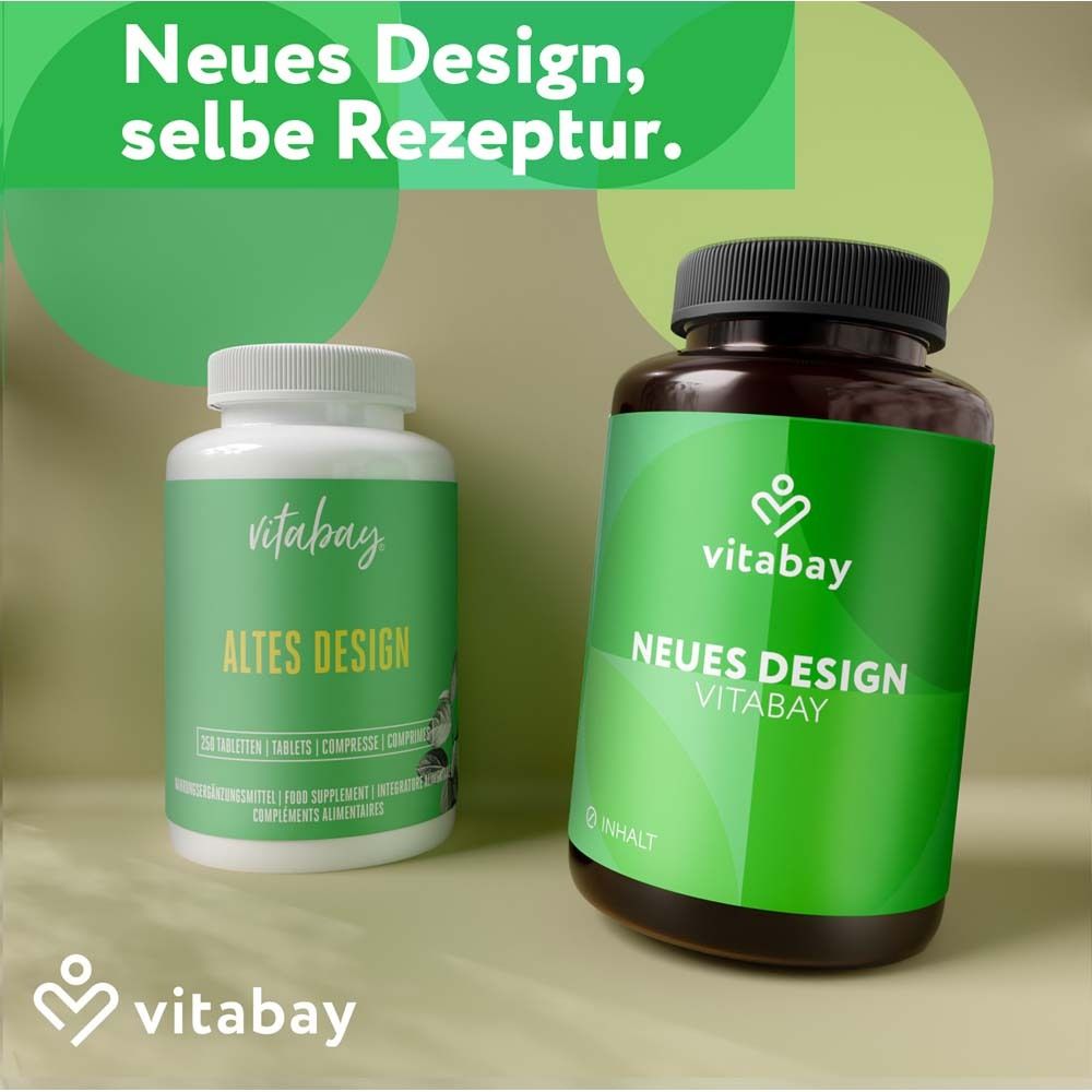 Zwei Flaschen, eine mit altem Design, eine mit neuem Design. Beide mit vitabay-Logo. Text: Neues Design, selbe Rezeptur.